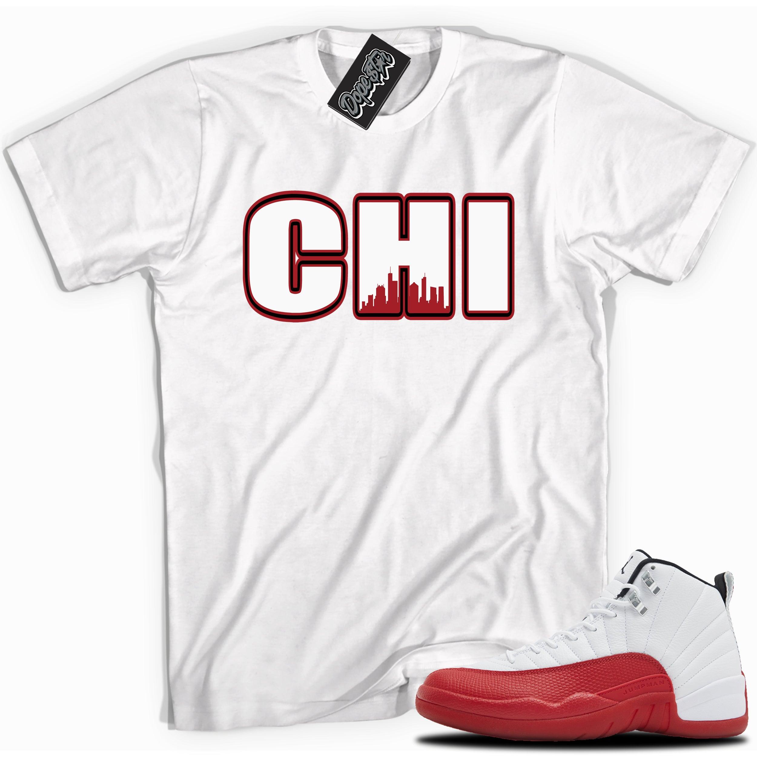 Cool White graphic tee with “ Chicago ” print, that perfectly matches Air Jordan 12 Retro Cherry Red 2023 red and white sneakers