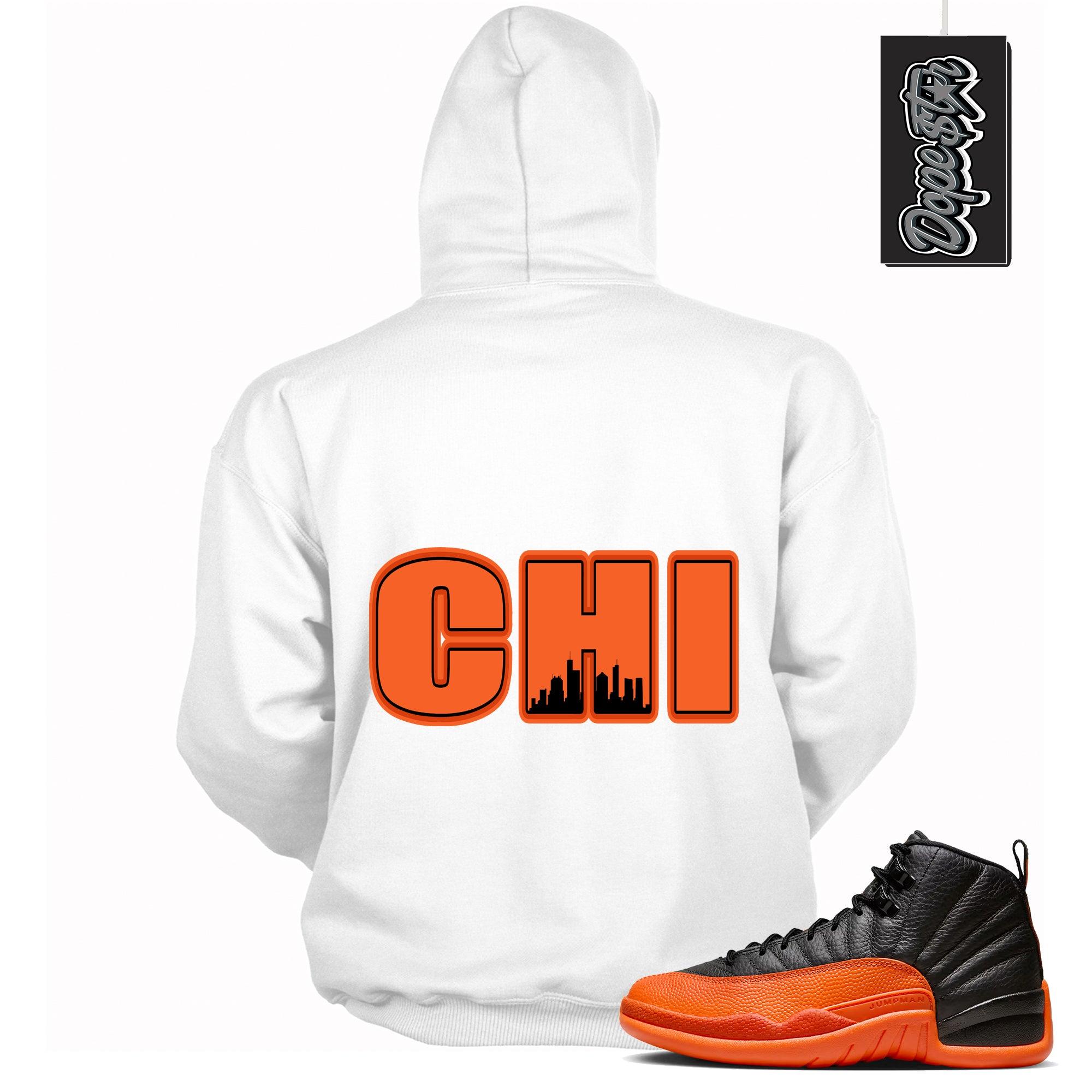 Cool White Graphic Hoodie with “ Chicago “ print, that perfectly matches Air Jordan 12 Retro WNBA All-Star Brilliant Orange  sneakers