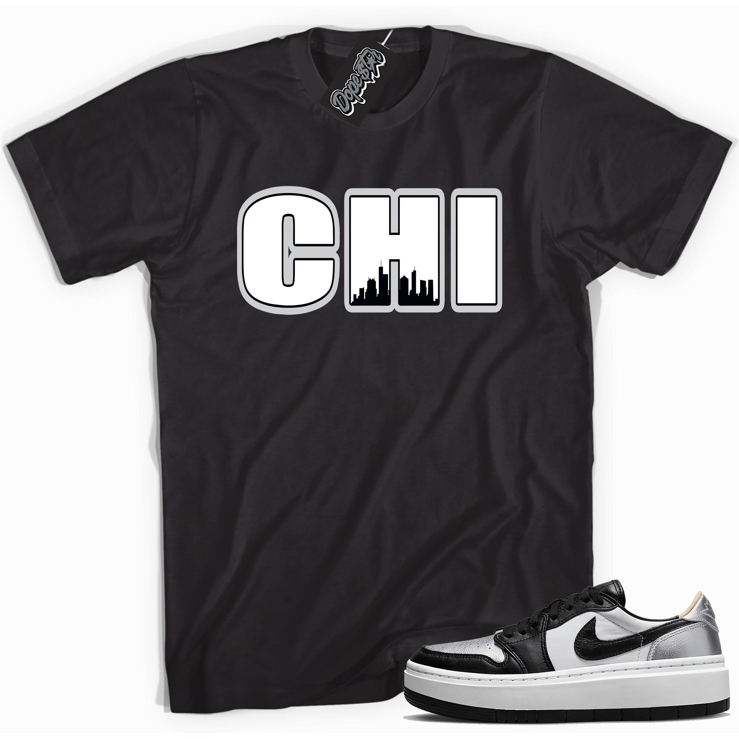 Cool black graphic tee with 'Chicago chi town' print, that perfectly matches Air Jordan 1 Elevate Low SE Silver Toe sneakers.