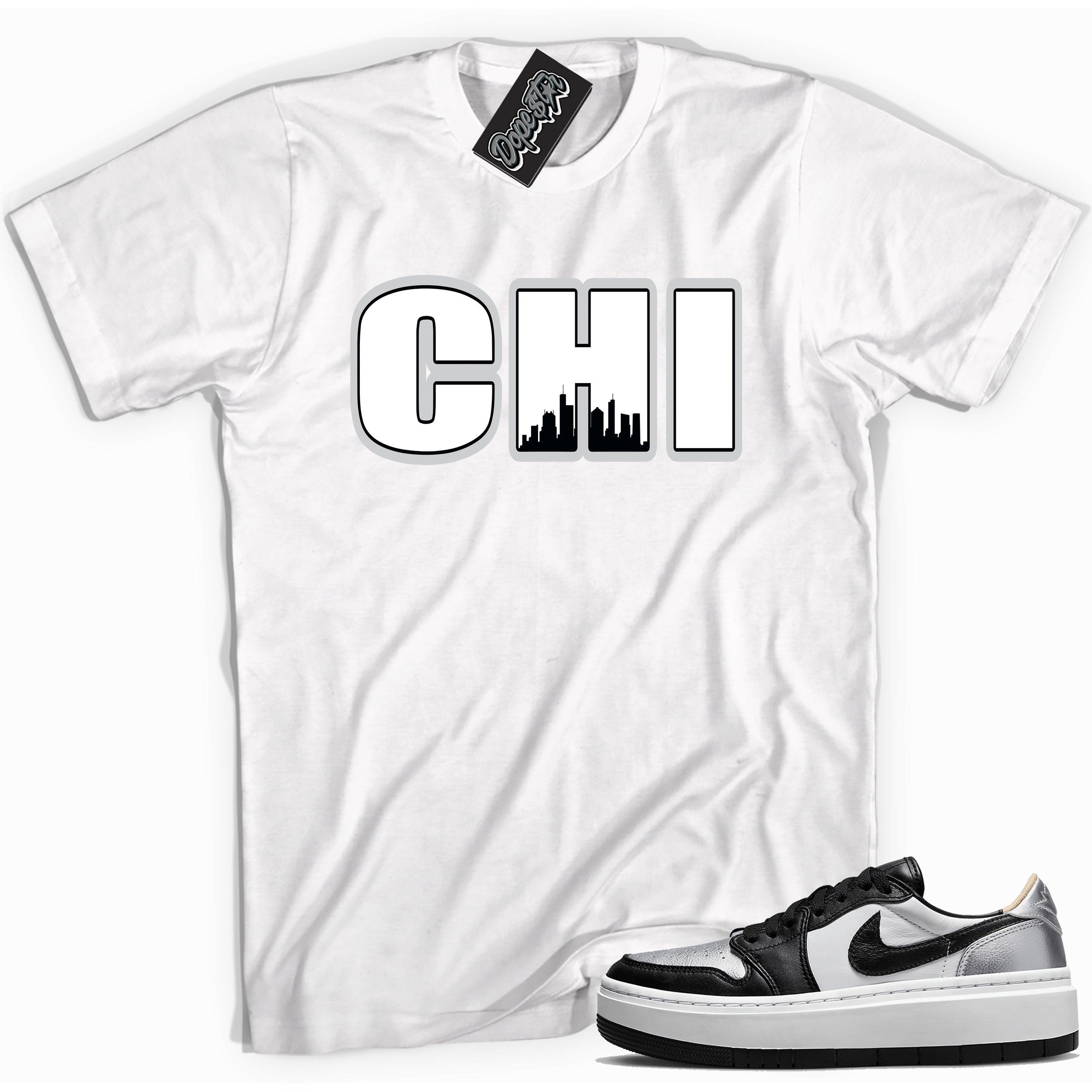 Cool white graphic tee with 'Chicago chi town' print, that perfectly matches Air Jordan 1 Elevate Low SE Silver Toe sneakers.