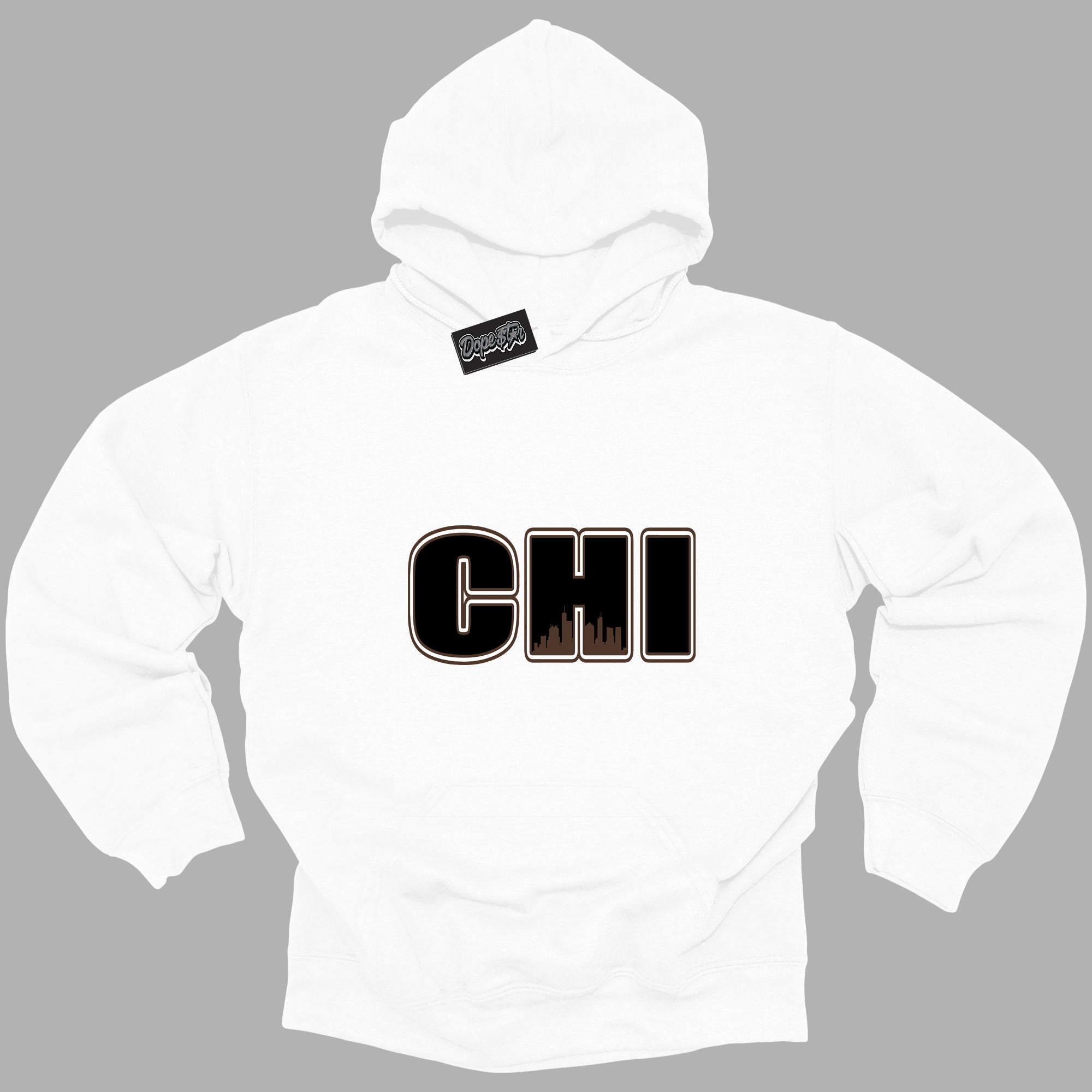 Cool White Graphic DopeStar Hoodie with “ Chicago “ print, that perfectly matches Palomino 1s sneakers