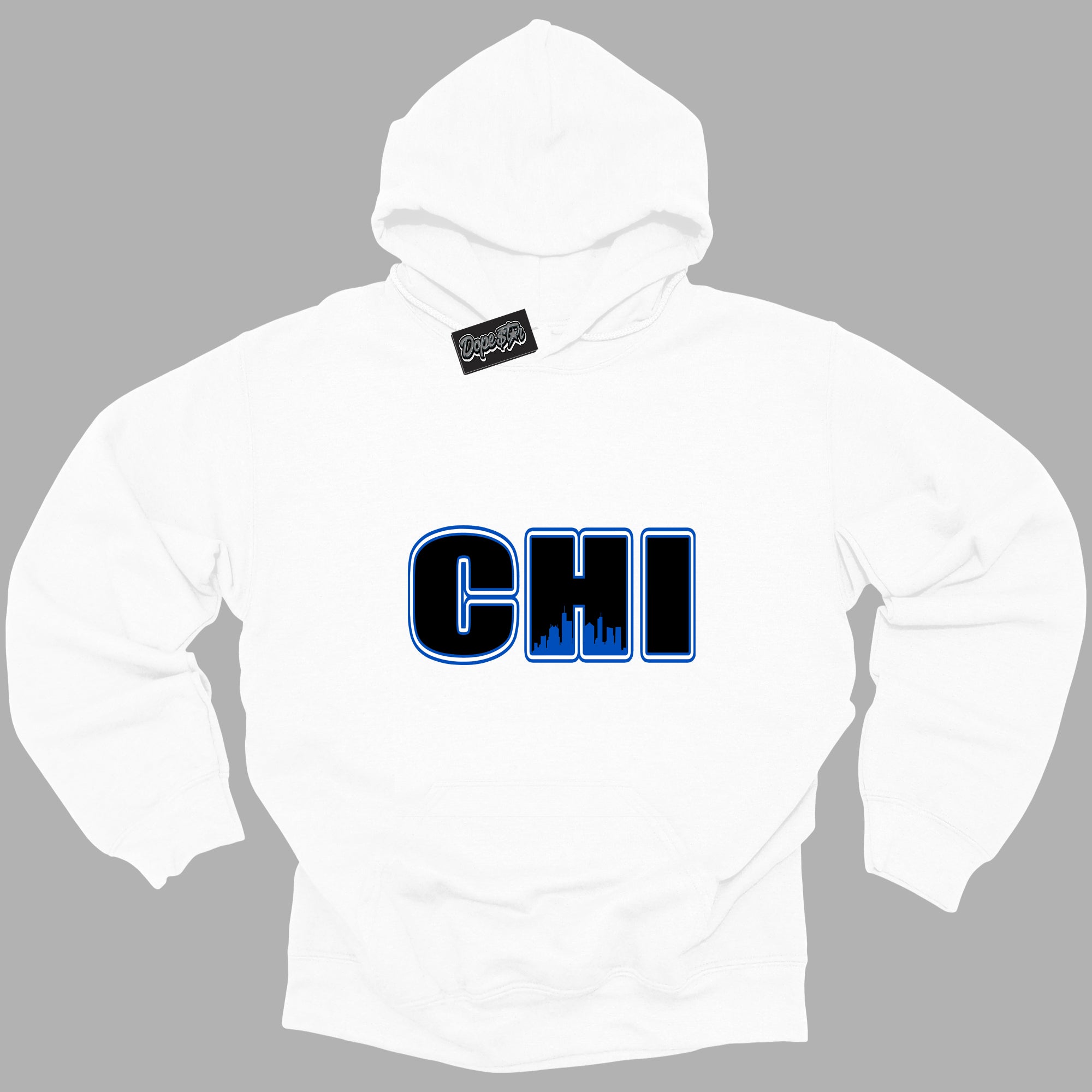 Cool White Hoodie with “ Chicago ”  design that Perfectly Matches Royal Reimagined 1s Sneakers.