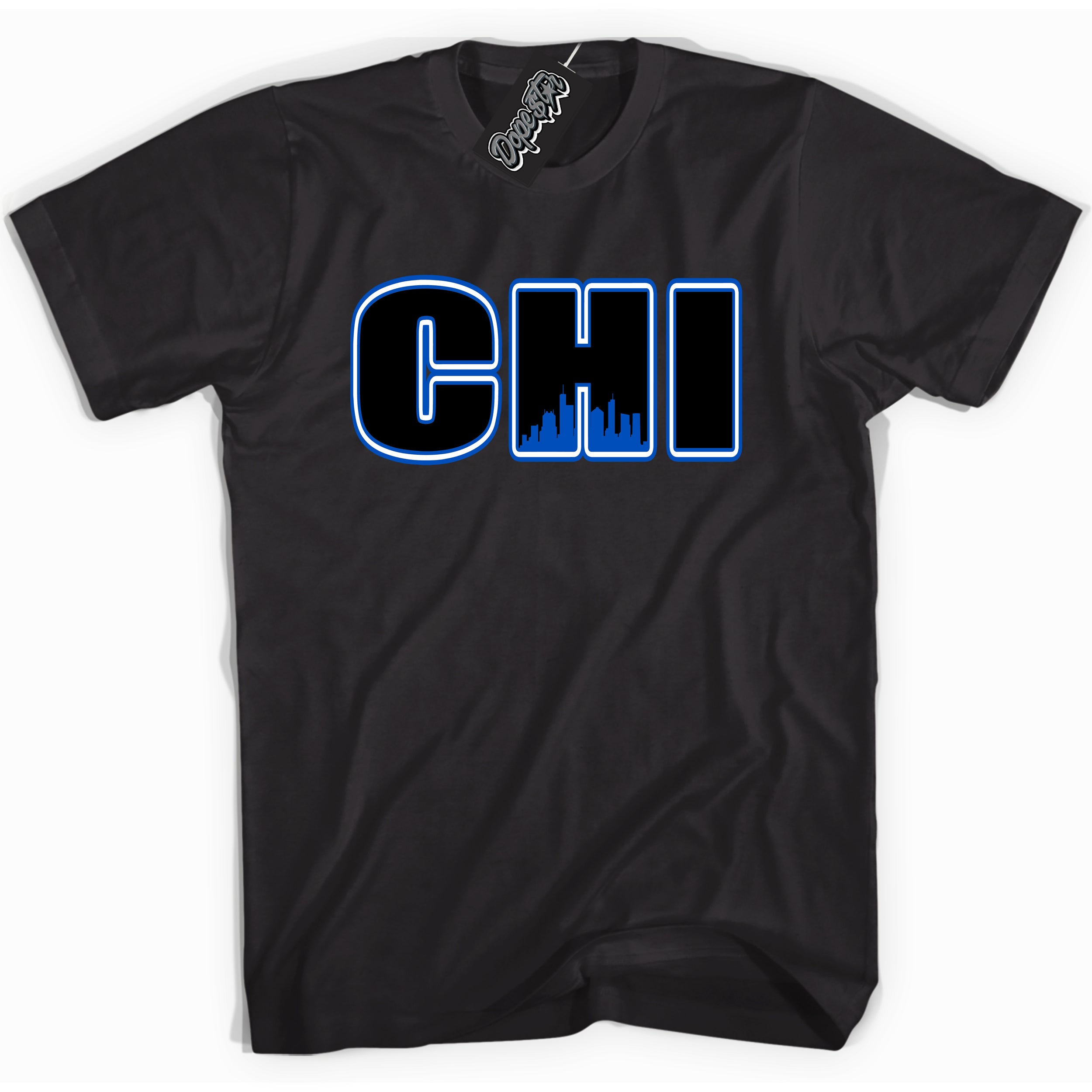 Cool Black graphic tee with "Chicago" design, that perfectly matches Royal Reimagined 1s sneakers 