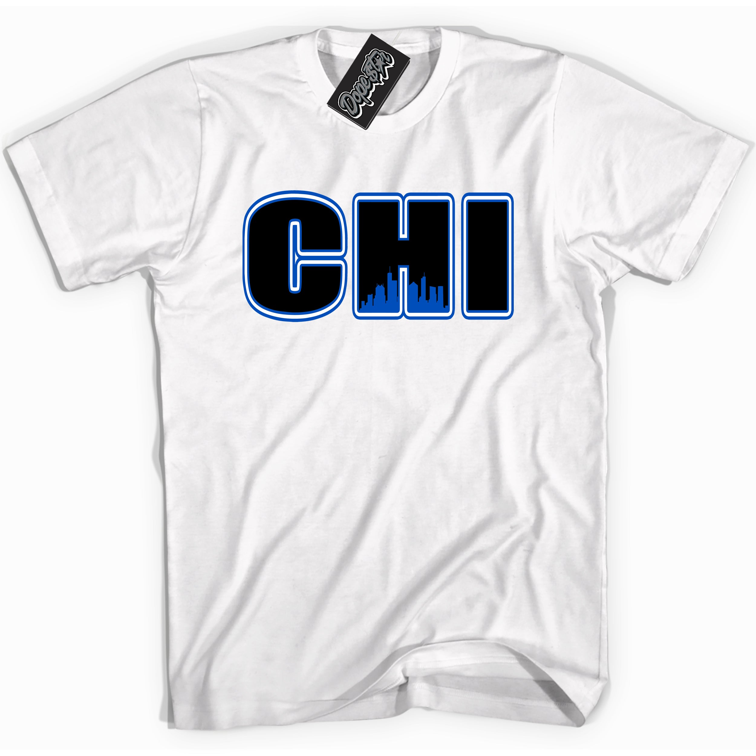 Cool White graphic tee with "Chicago" design, that perfectly matches Royal Reimagined 1s sneakers 
