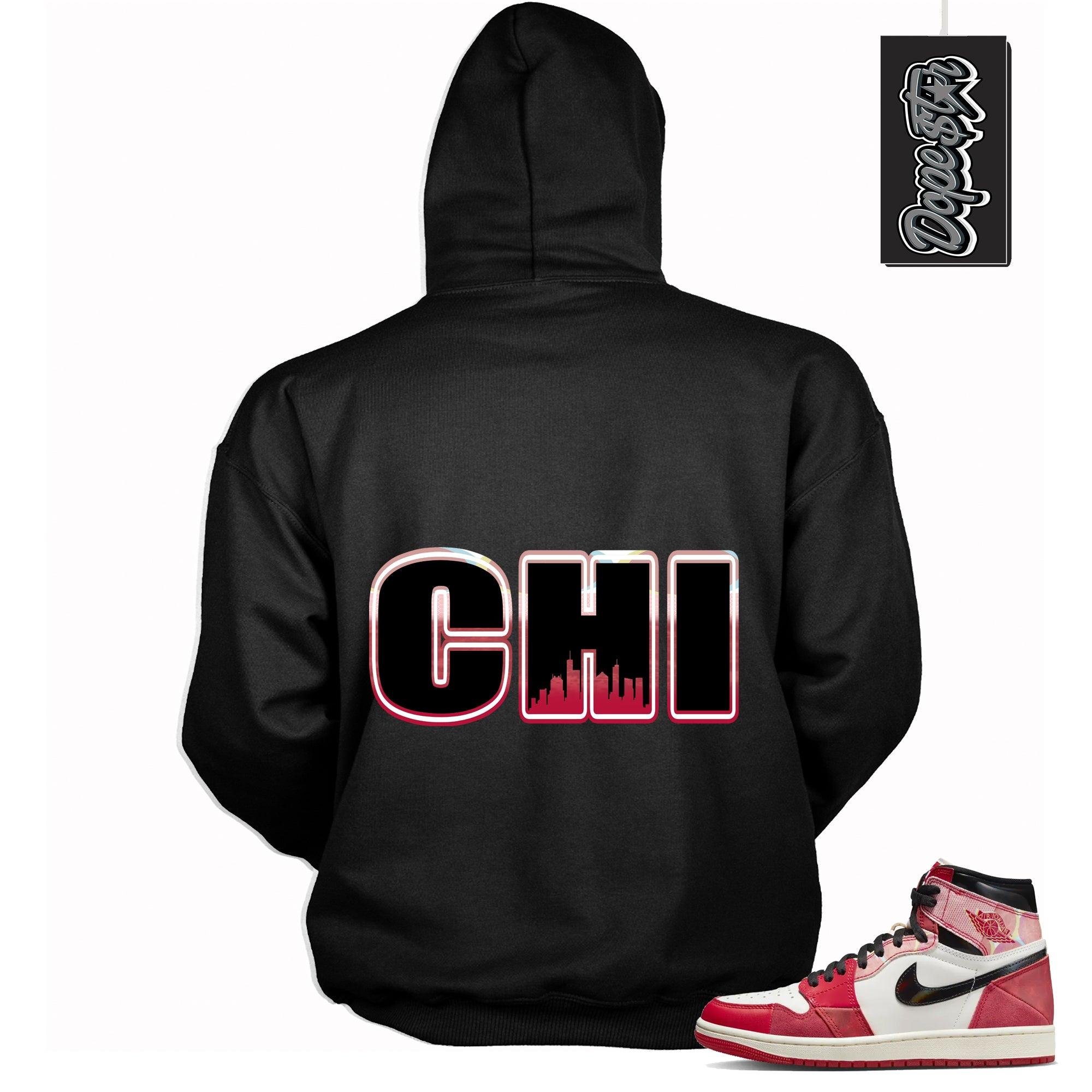 Cool Black Graphic Hoodie with “ Chicago “ print, that perfectly matches AIR JORDAN 1 Retro High OG NEXT CHAPTER SPIDER-VERSE sneakers