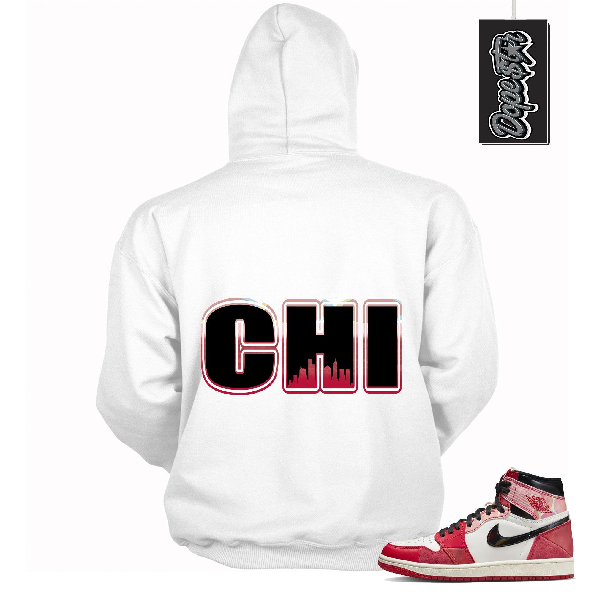 Cool White Graphic Hoodie with “ Chicago “ print, that perfectly matches AIR JORDAN 1 Retro High OG NEXT CHAPTER SPIDER-VERSE sneakers