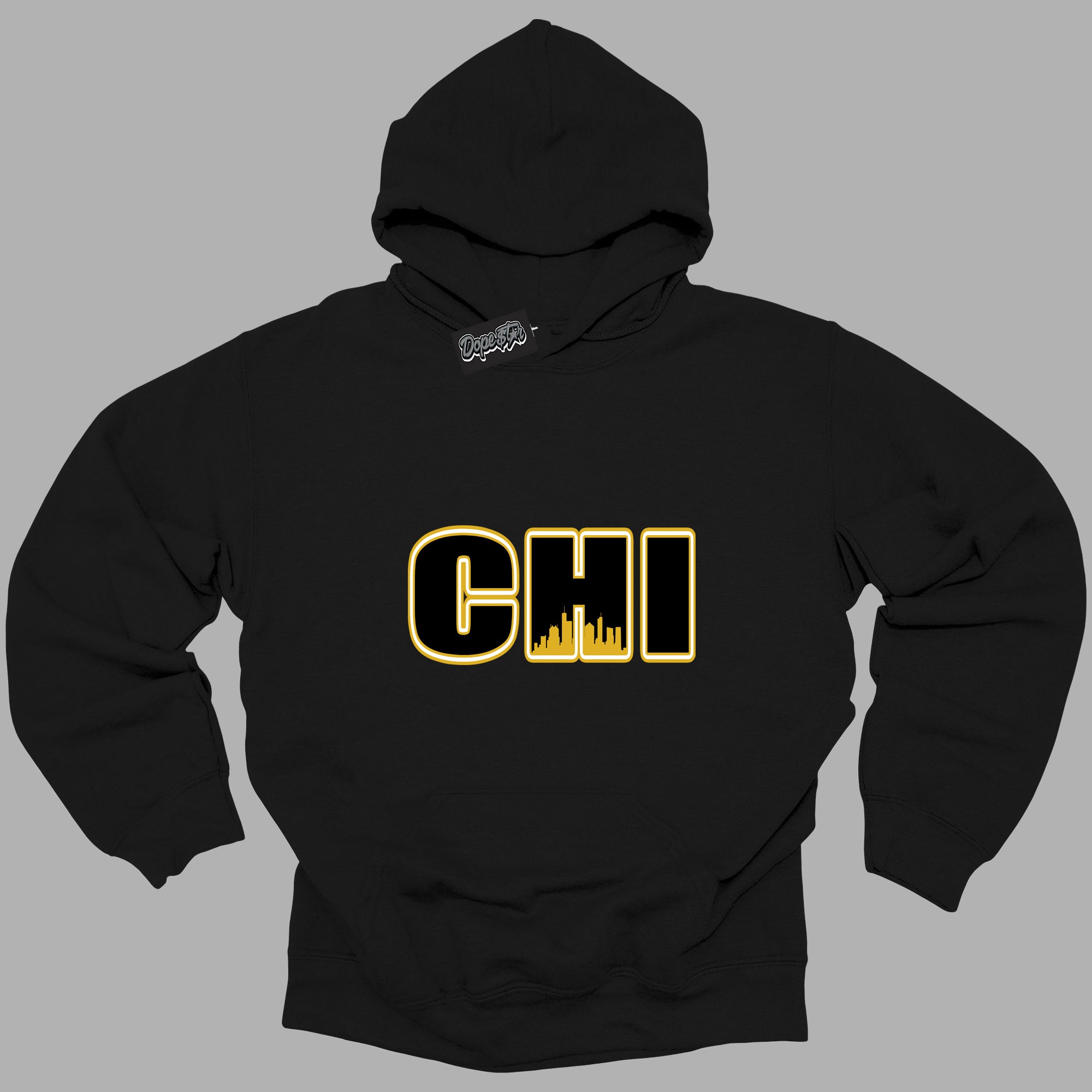 Cool Black Hoodie with “ Chicago ”  design that Perfectly Matches Yellow Ochre 6s Sneakers.