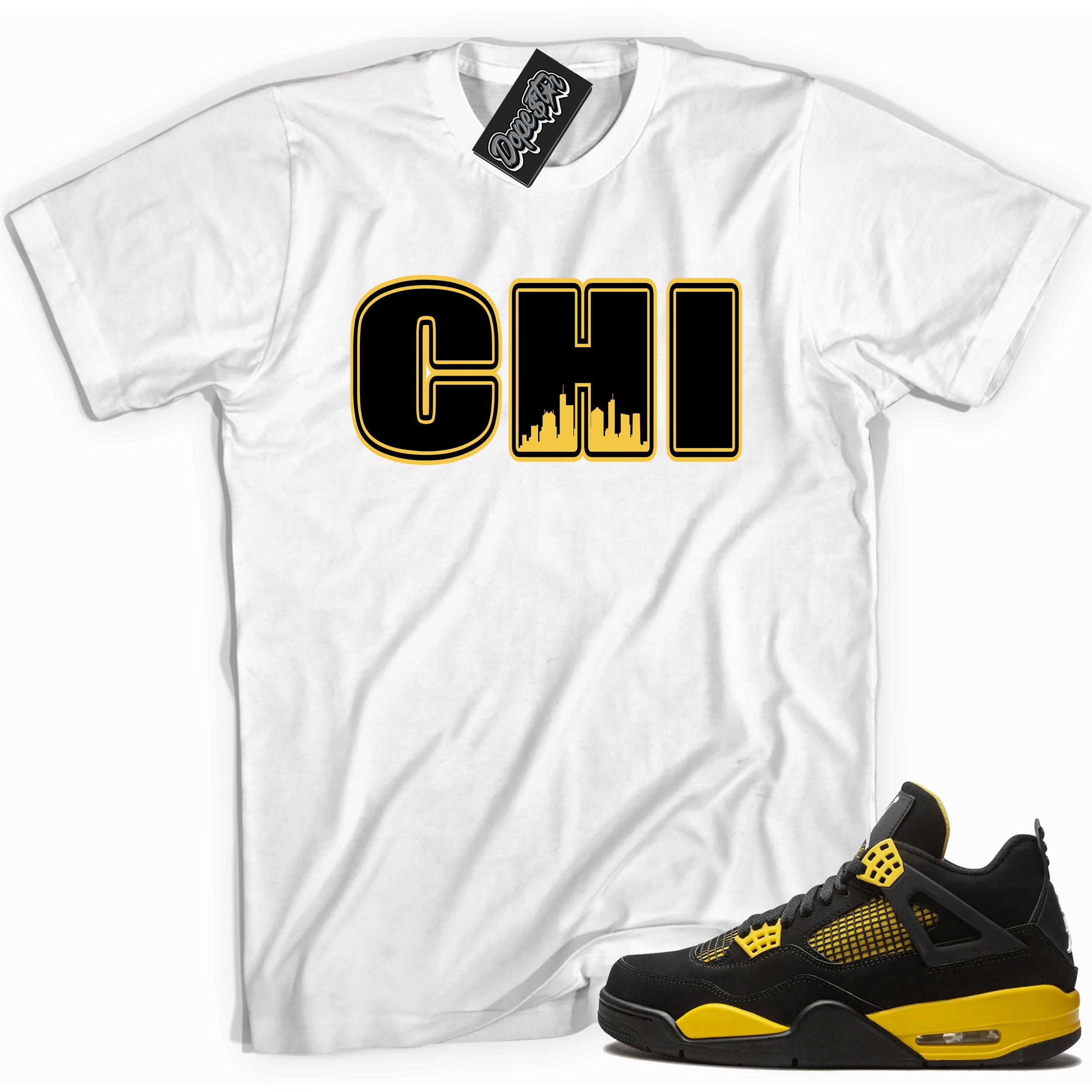 Cool white graphic tee with 'chicago' print, that perfectly matches Air Jordan 4 Thunder sneakers