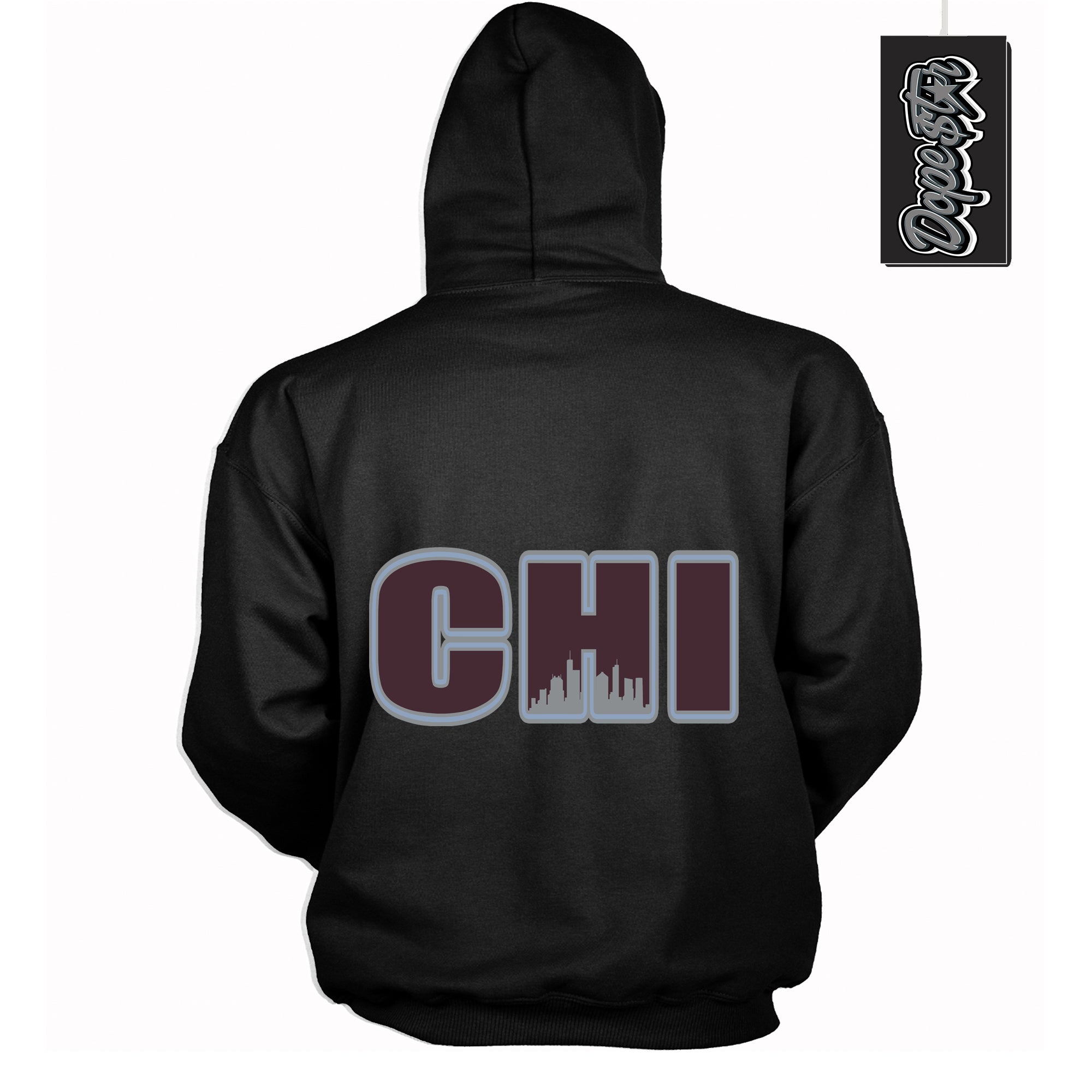 Cool Black Hoodie with “ Chicago ”  design that Perfectly Matches Burgundy 5s Sneakers.