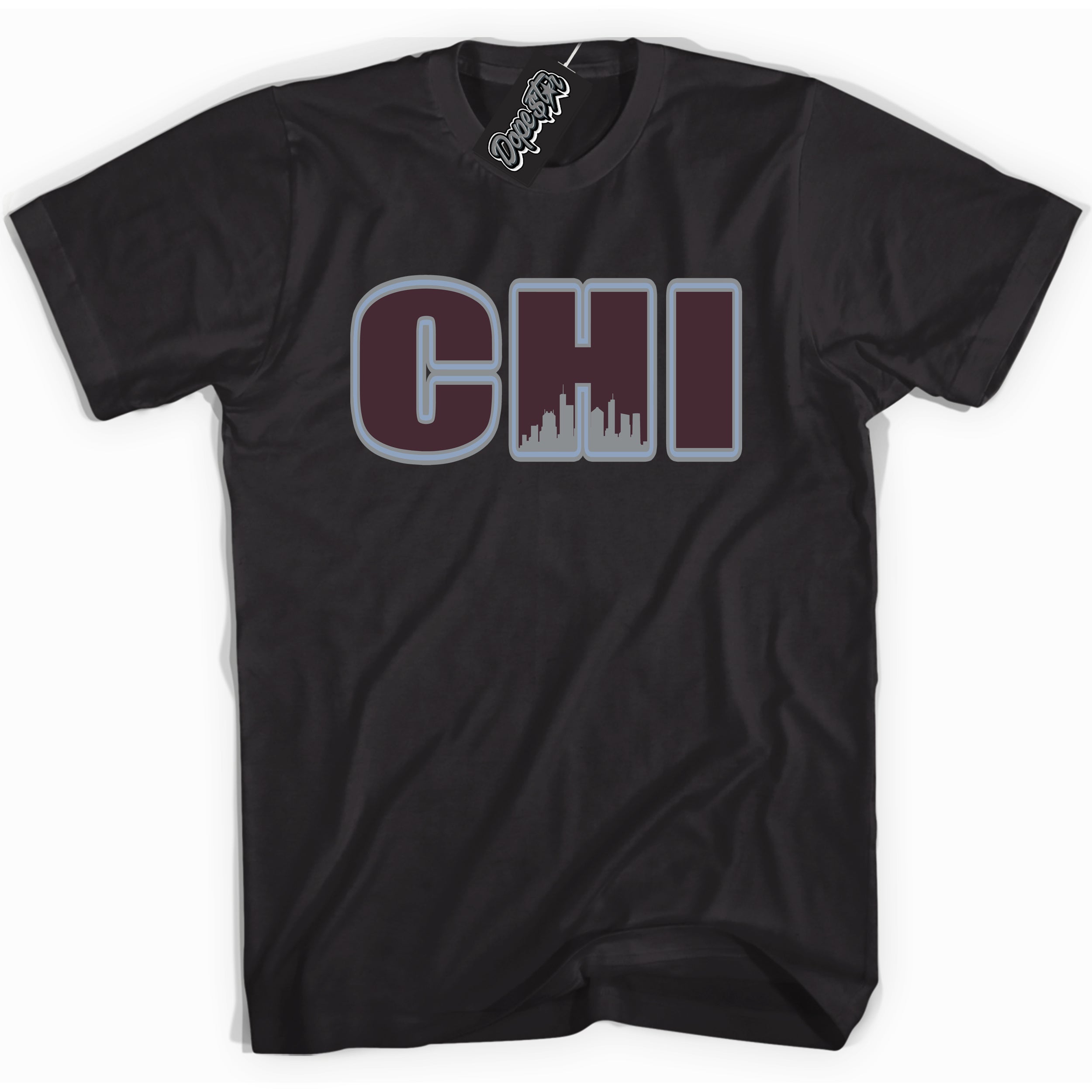 Cool Black Shirt with “ Chicago” design that perfectly matches Burgundy 5s Sneakers.