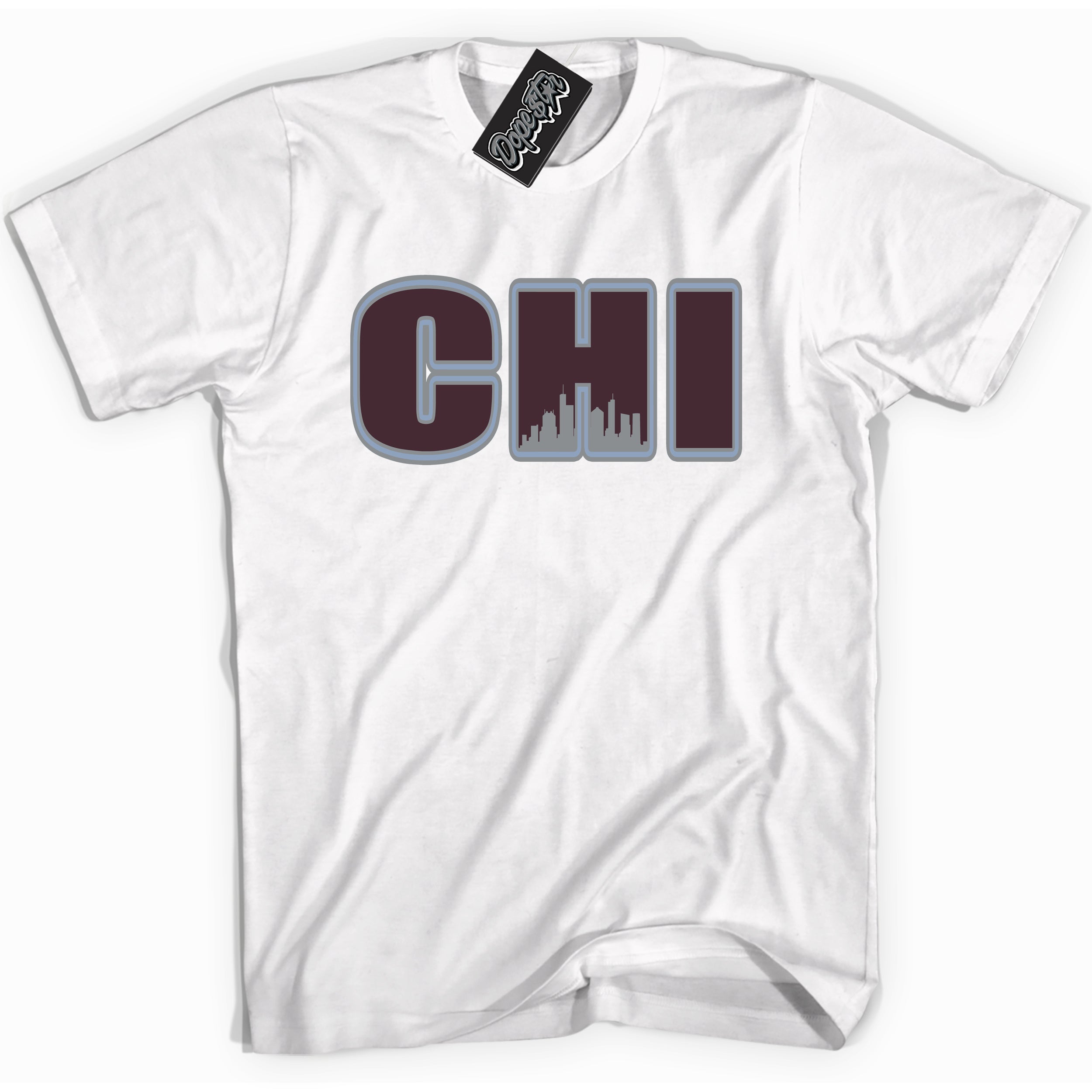 Cool White Shirt with “ Chicago” design that perfectly matches Burgundy 5s Sneakers.