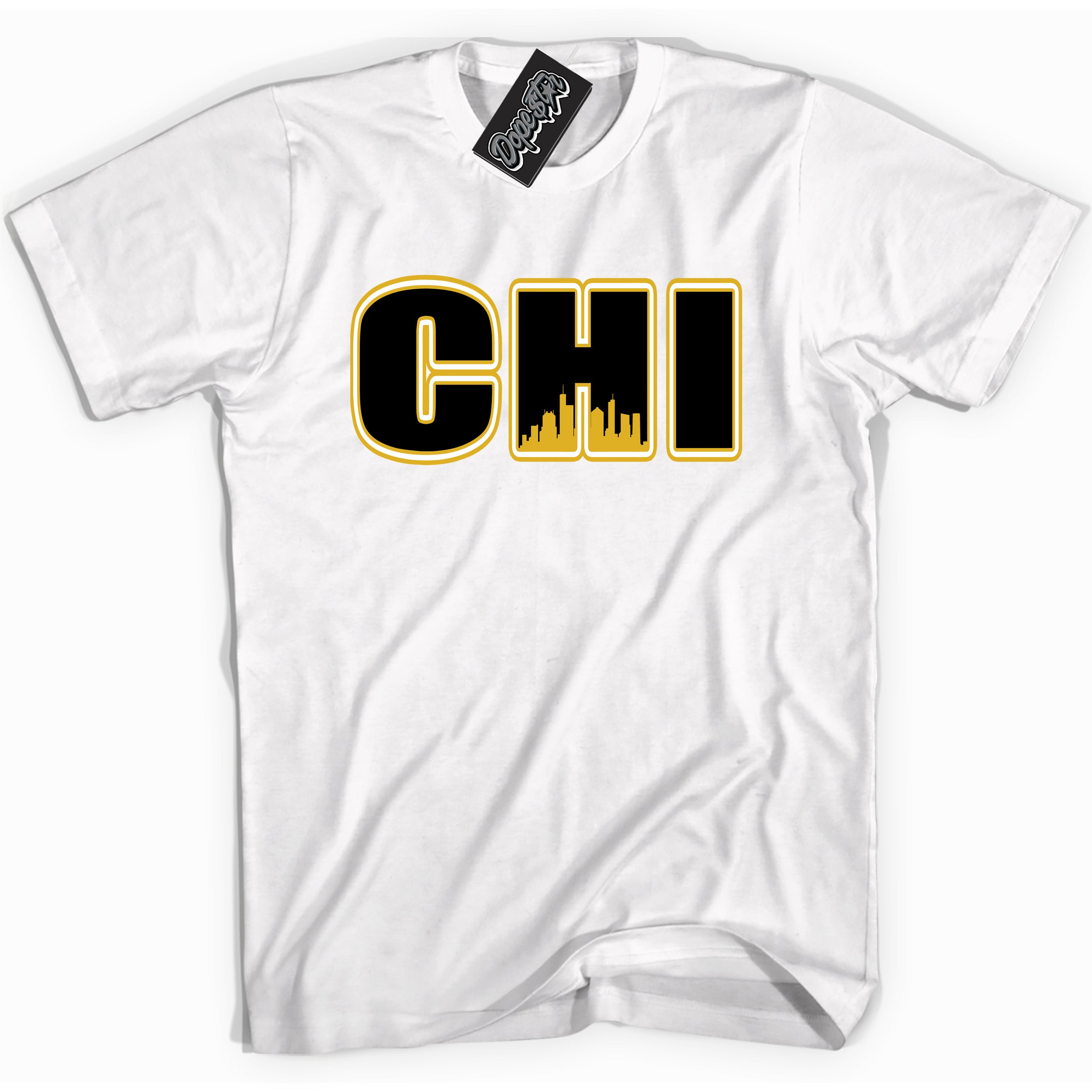 Cool White Shirt with “ Chicago” design that perfectly matches Yellow Ochre 6s Sneakers.