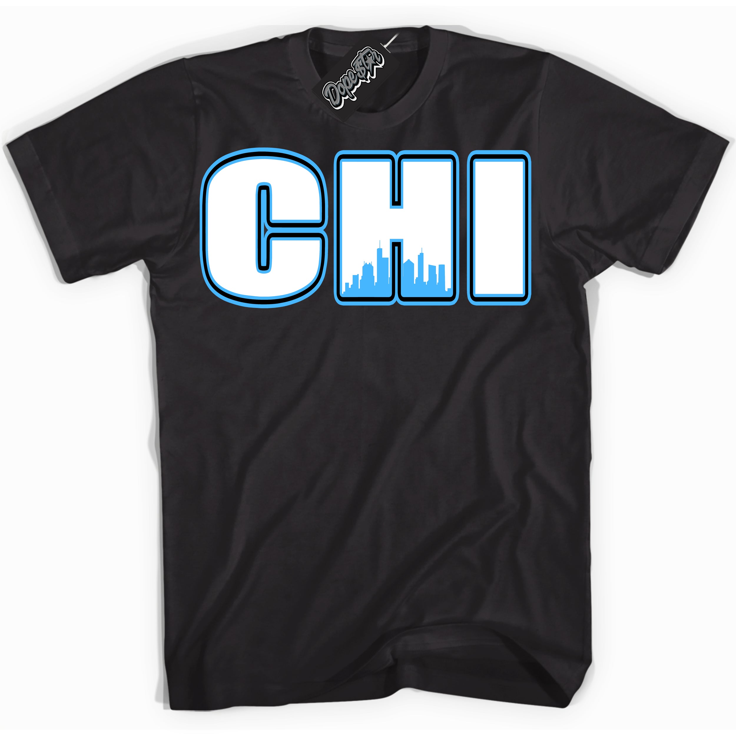 Cool Black graphic tee with “ Chicago ” design, that perfectly matches Powder Blue 9s sneakers 