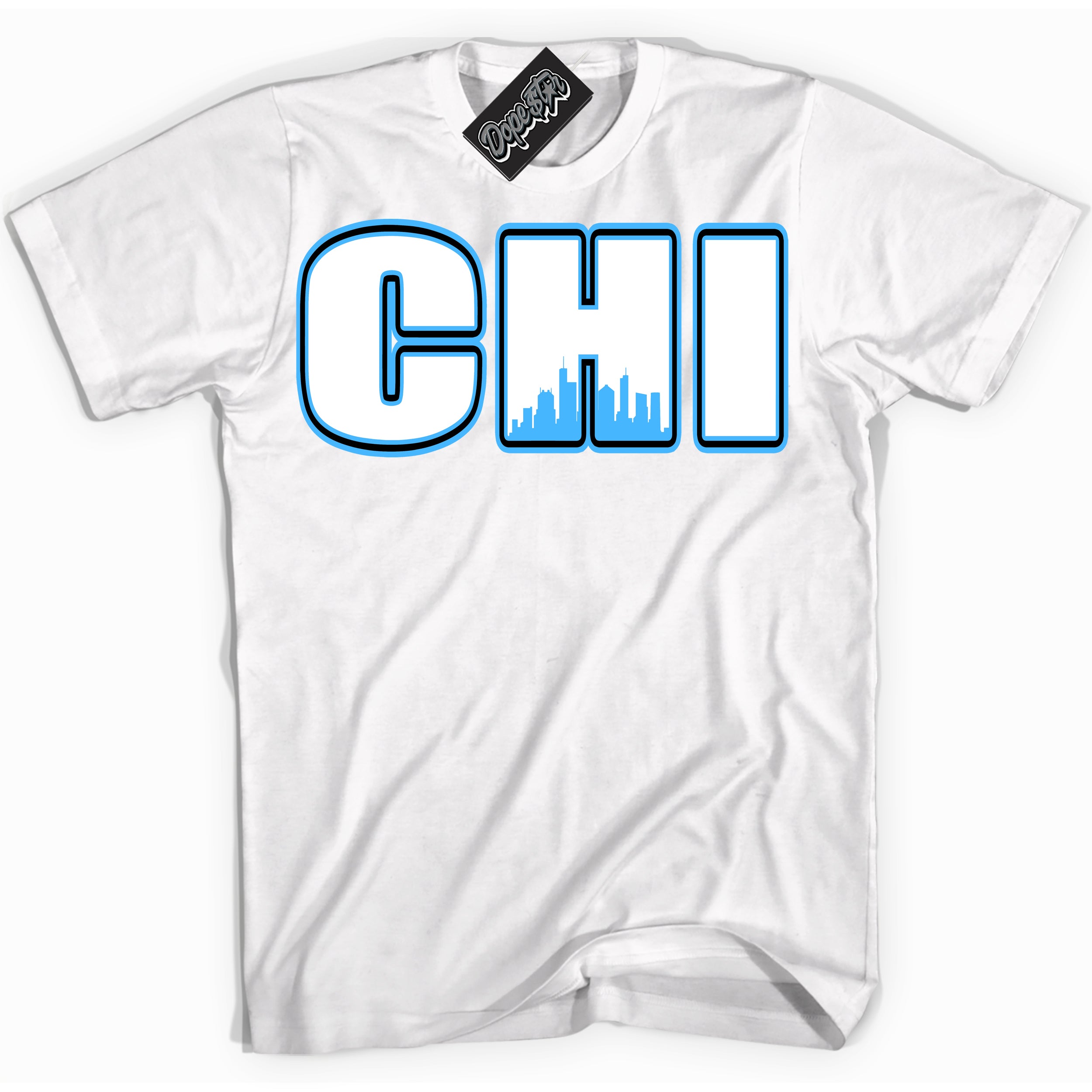 Cool White graphic tee with “ Chicago ” design, that perfectly matches Powder Blue 9s sneakers 