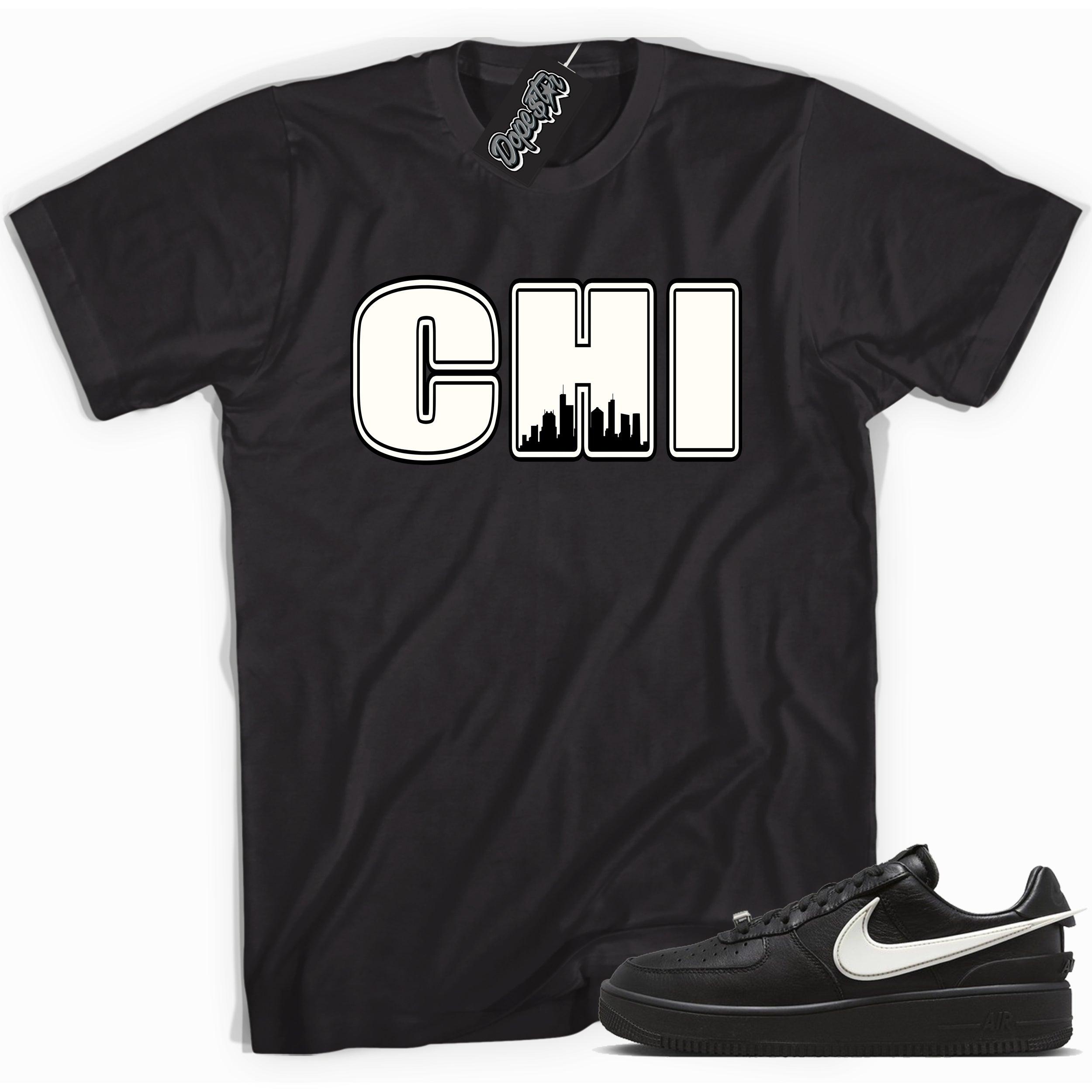 Cool black graphic tee with 'Chicago CHI TOWN' print, that perfectly matches Nike Air Force 1 Low SP Ambush Phantom sneakers.