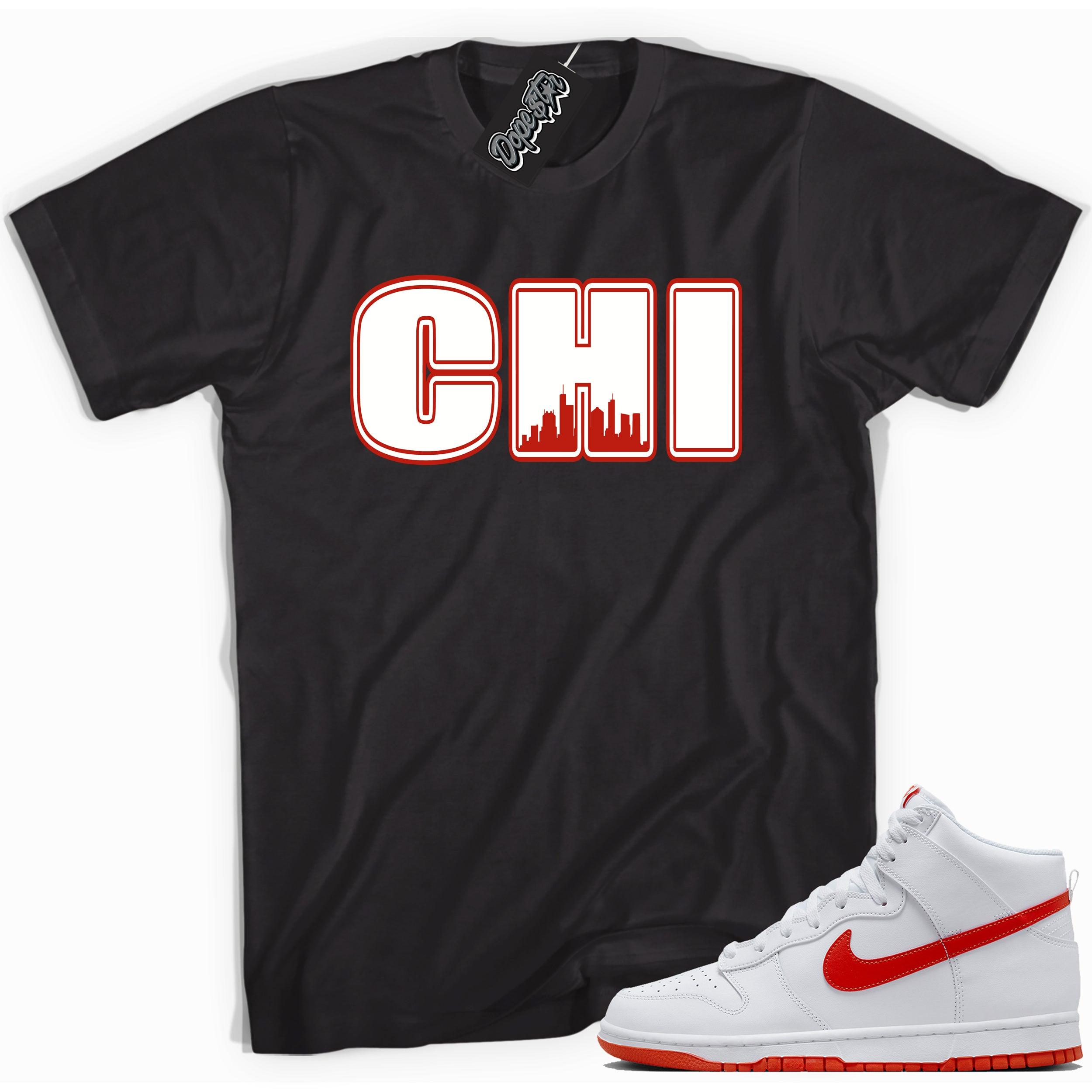 Cool black graphic tee with 'CHI' print, that perfectly matches Nike Dunk High White Picante Red sneakers.