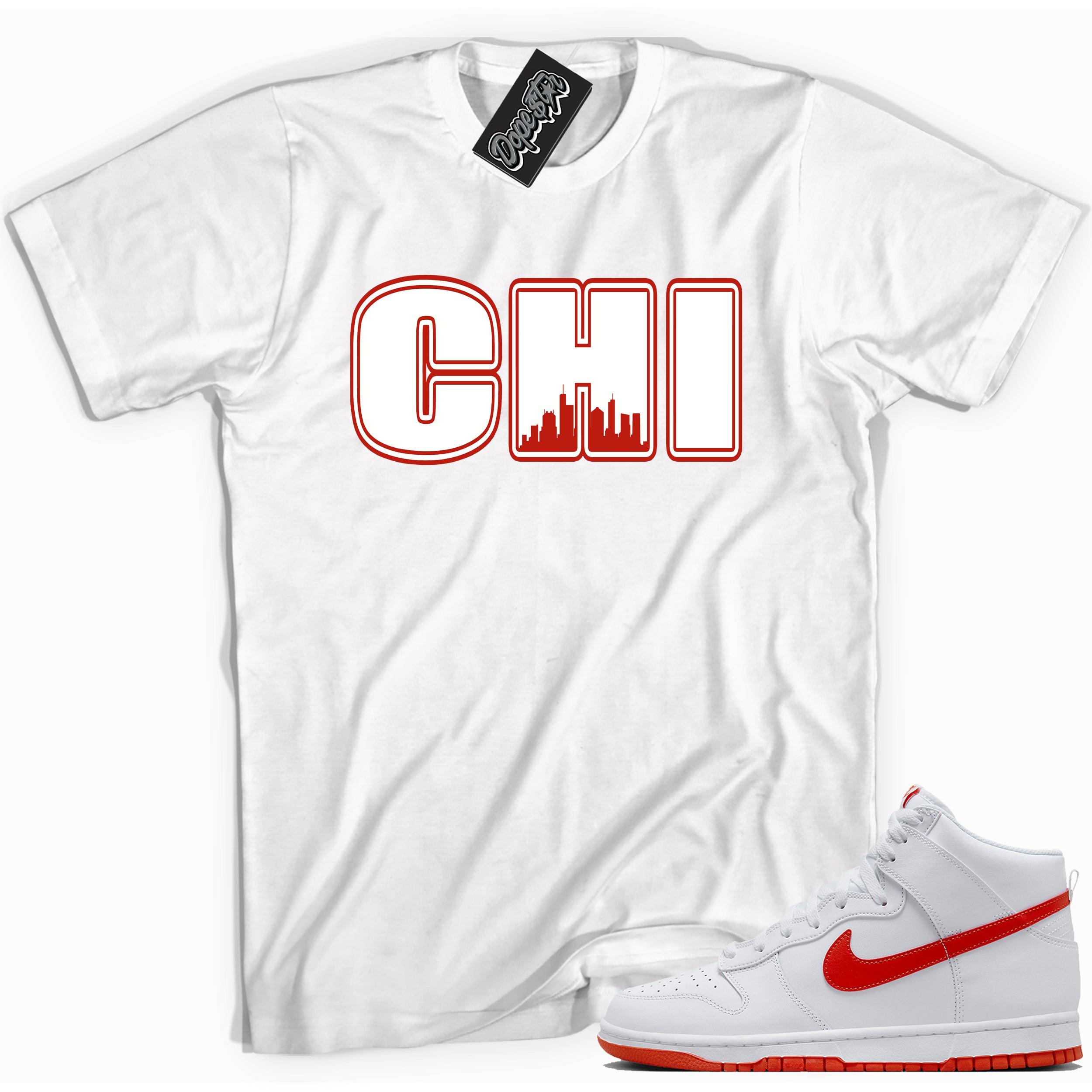 Cool white graphic tee with 'CHI' print, that perfectly matches Nike Dunk High White Picante Red sneakers.