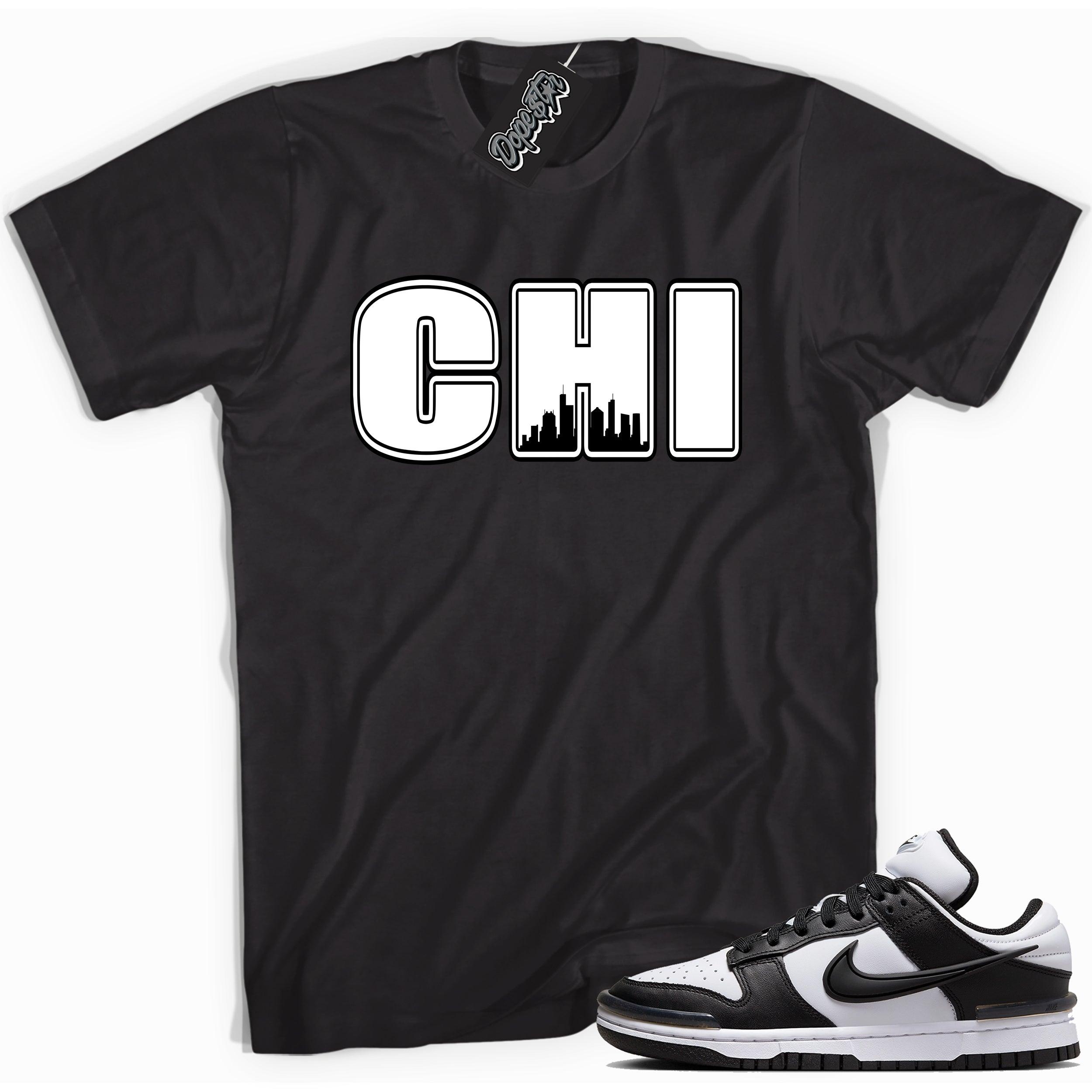 Cool black graphic tee with 'chicago' print, that perfectly matches Nike Dunk Low Twist Panda sneakers.