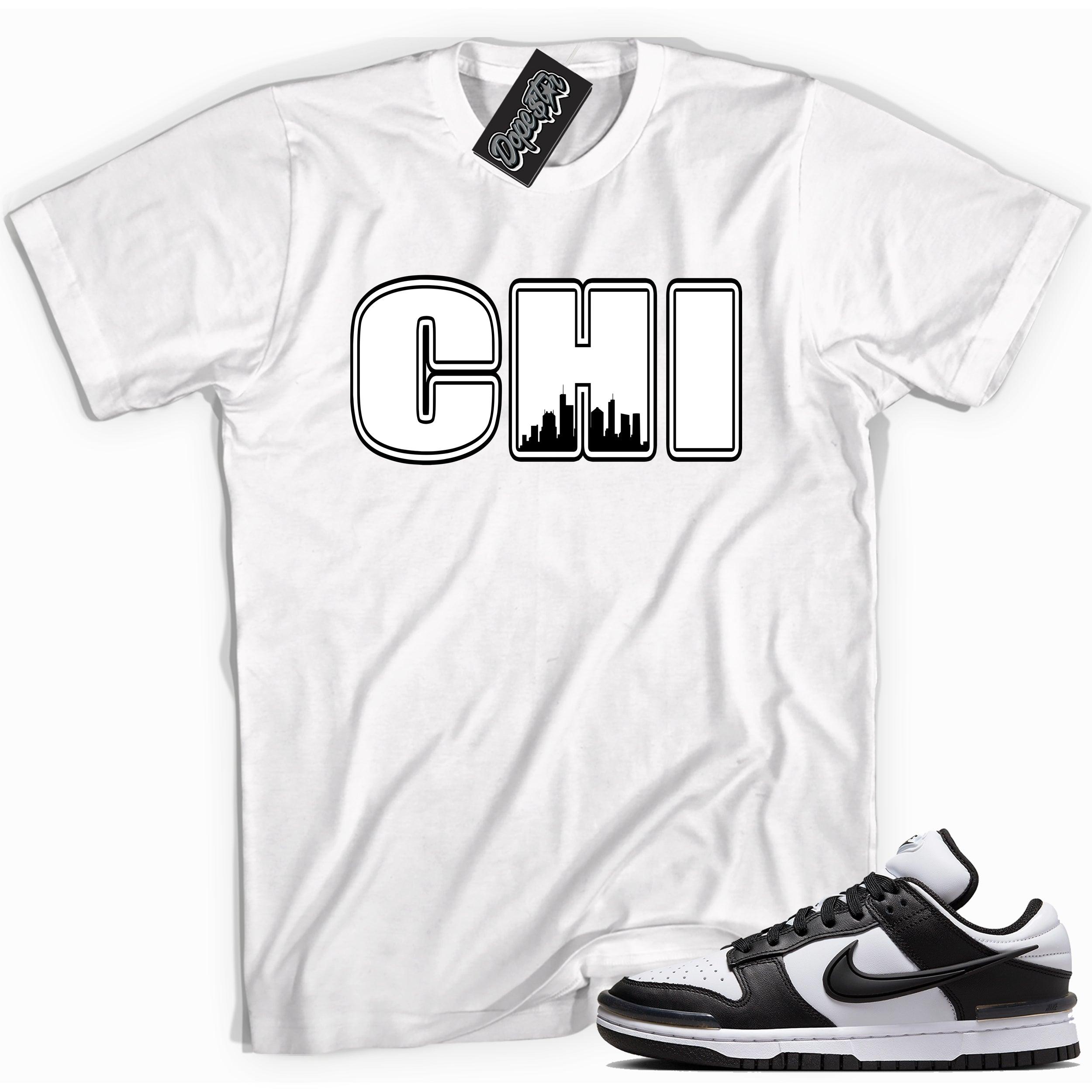 Cool white graphic tee with 'chicago' print, that perfectly matches Nike Dunk Low Twist Panda sneakers.