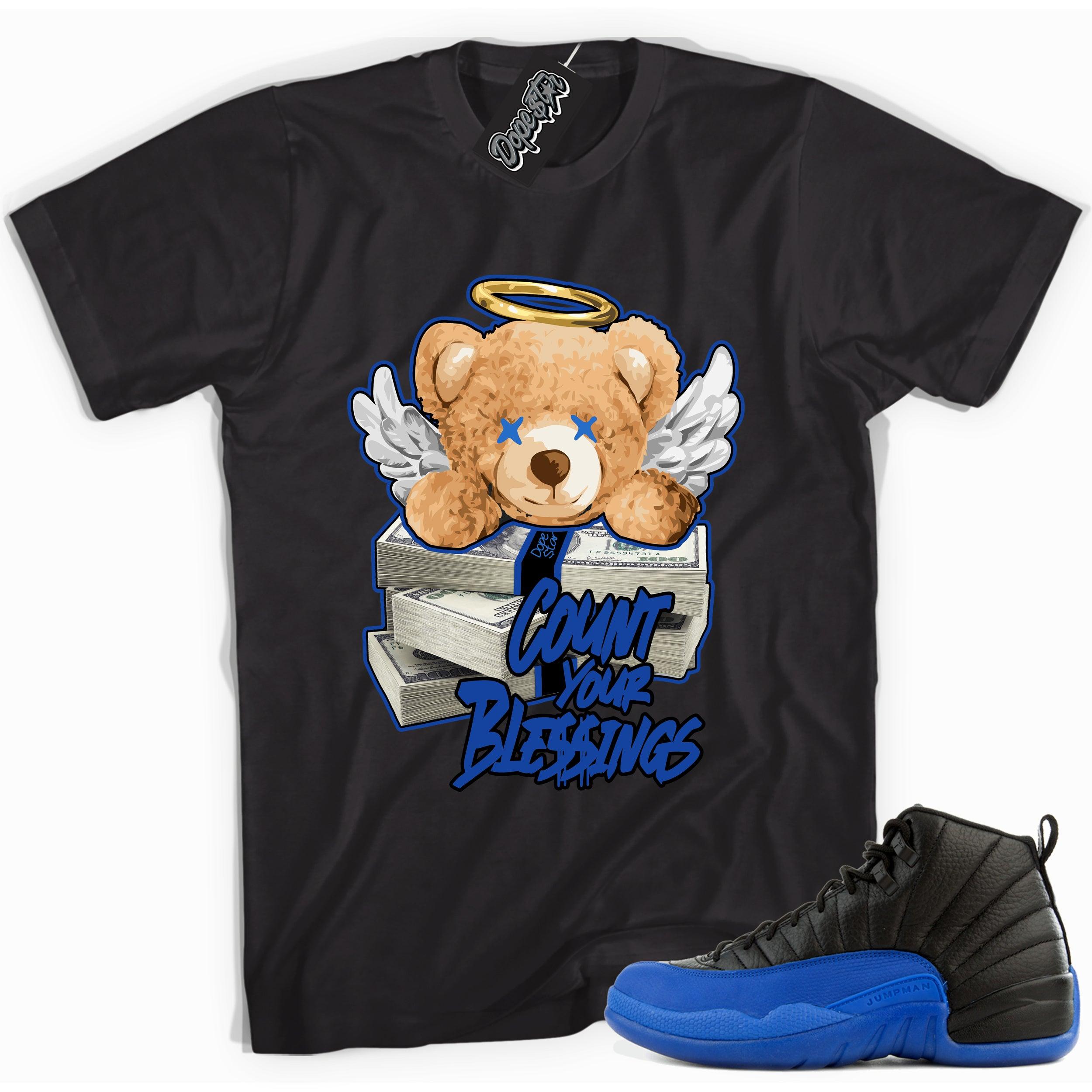 Cool black graphic tee with 'count your blessings' print, that perfectly matches  Air Jordan 12 Retro Black Game Royal sneakers.