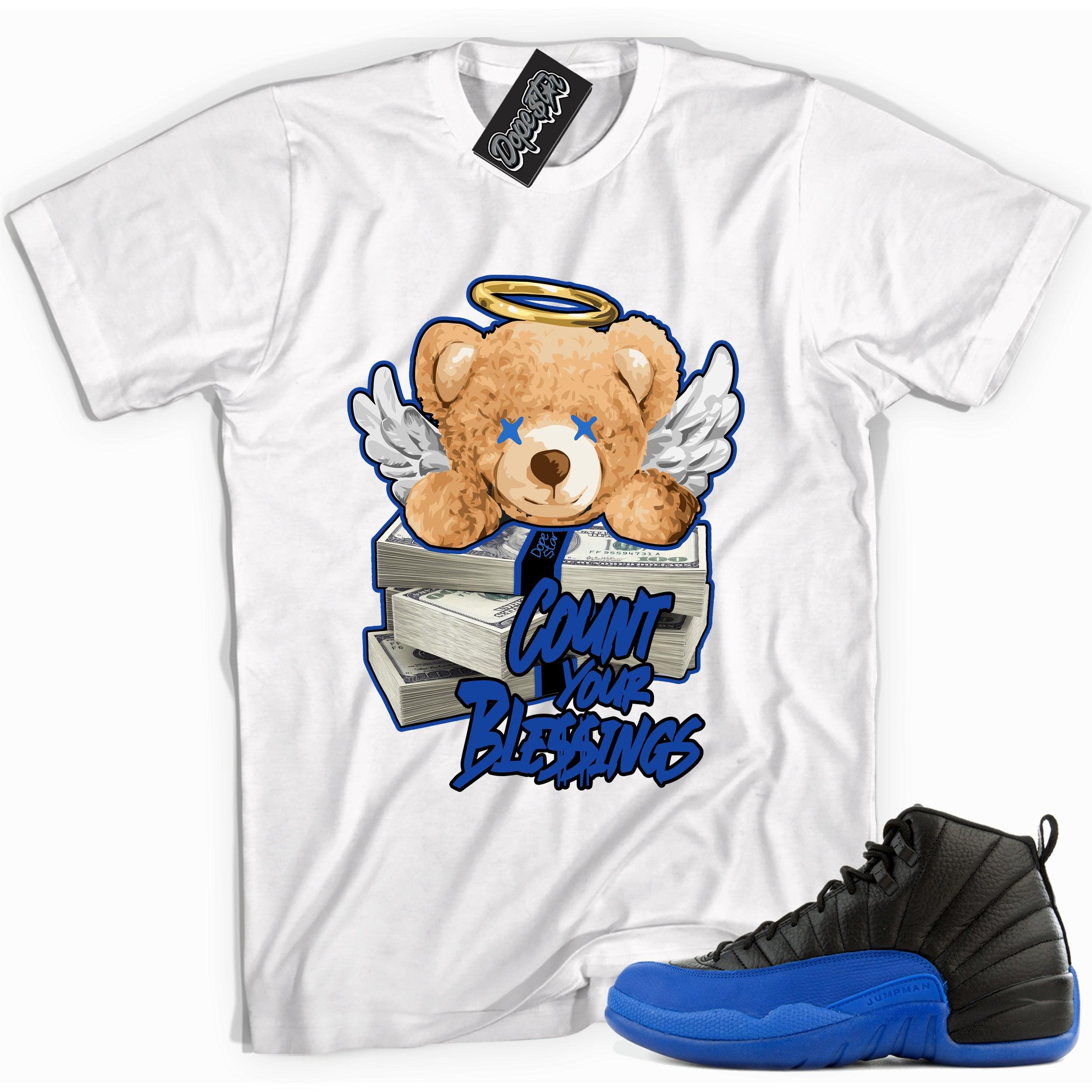 Cool white graphic tee with 'count your blessings' print, that perfectly matches Air Jordan 12 Retro Black Game Royal sneakers.