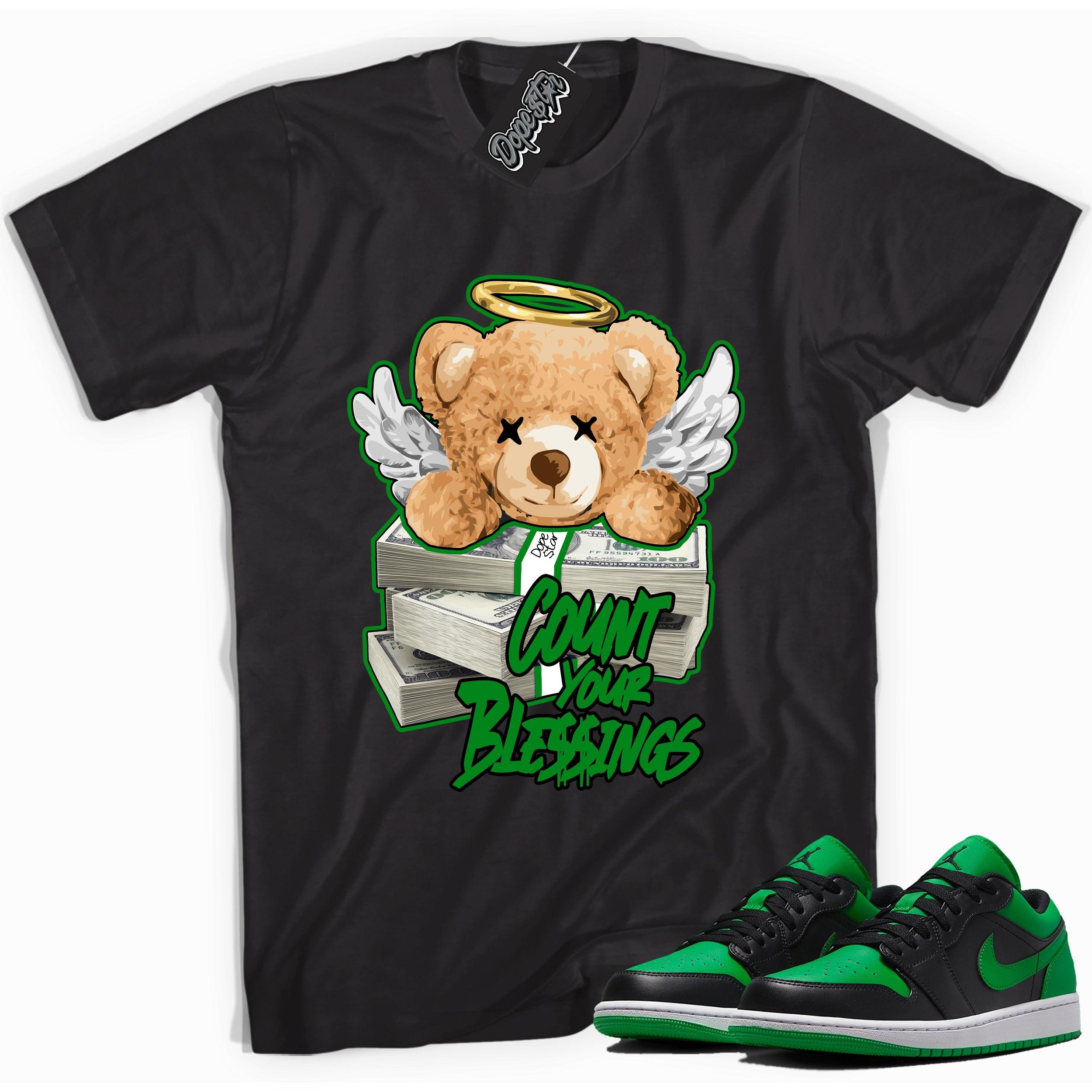 Cool black graphic tee with 'Count Your Blessings' print, that perfectly matches Air Jordan 1 Low Lucky Green sneakers