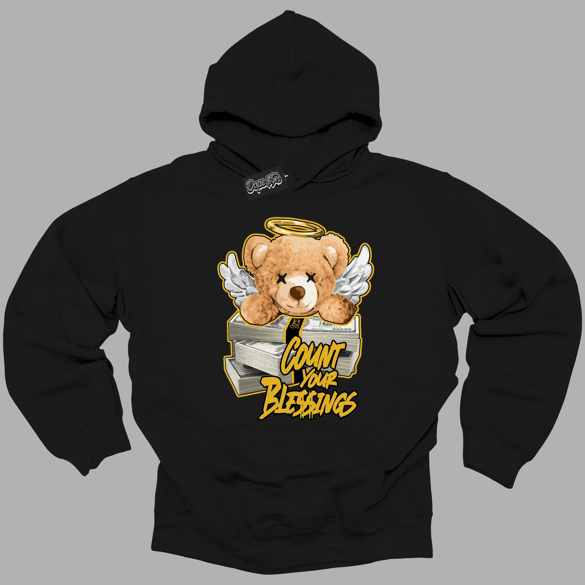 Cool Black Hoodie with “ Count Your Blessings ”  design that Perfectly Matches Yellow Ochre 6s Sneakers.c
