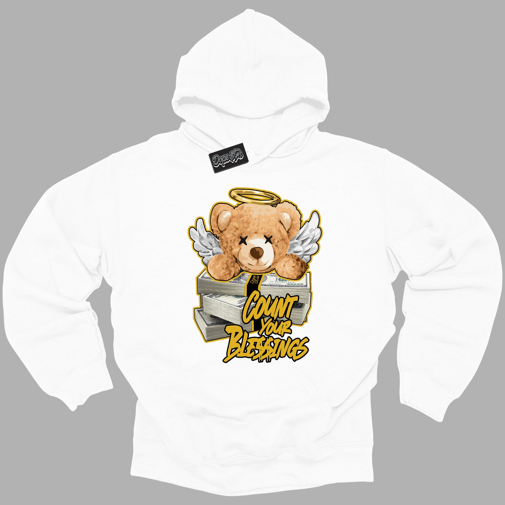 Cool White Hoodie with “ Count Your Blessings ”  design that Perfectly Matches Yellow Ochre 6s Sneakers.