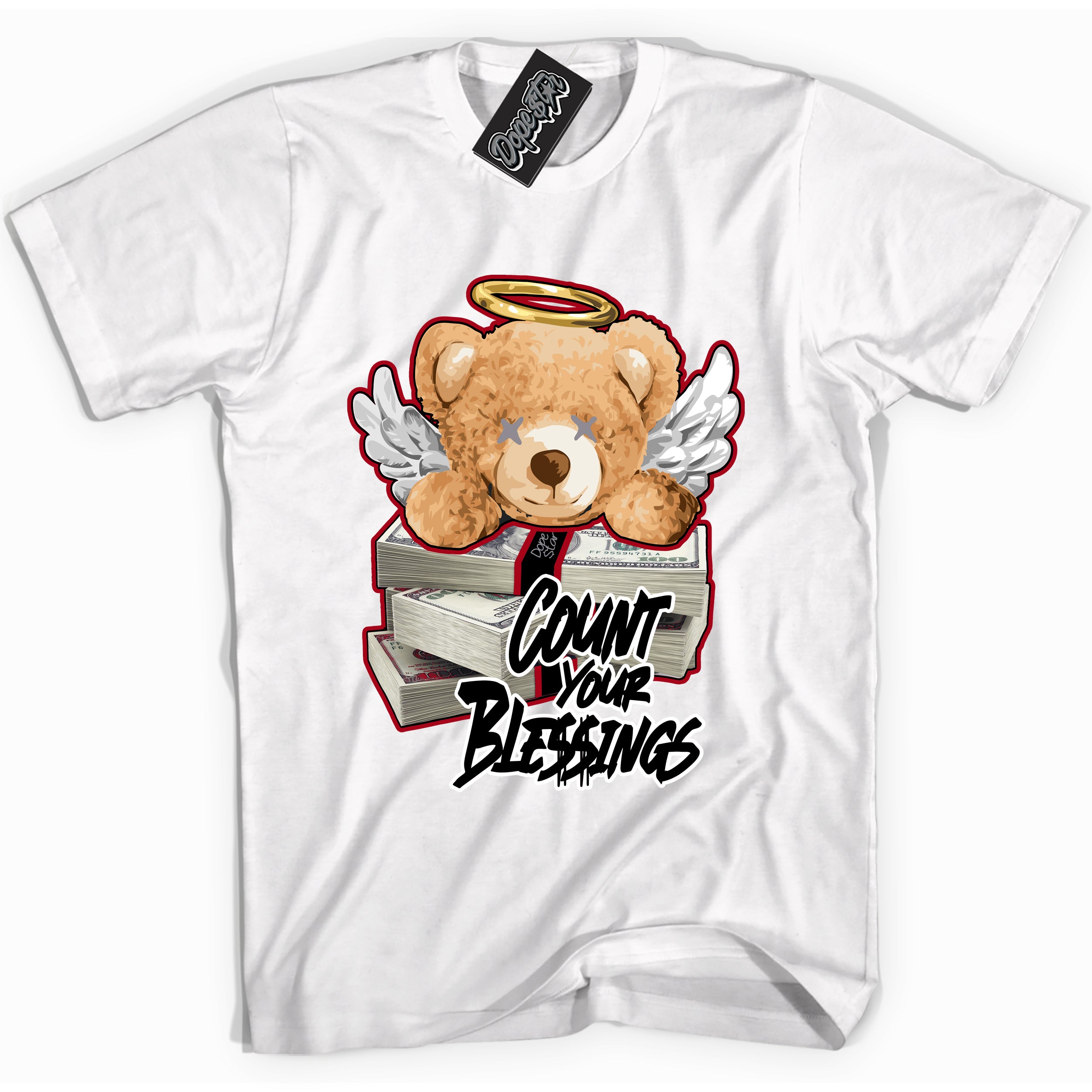 Cool White Shirt with “ Count Your Blessings” design that perfectly matches Bred Reimagined 4s Jordans.