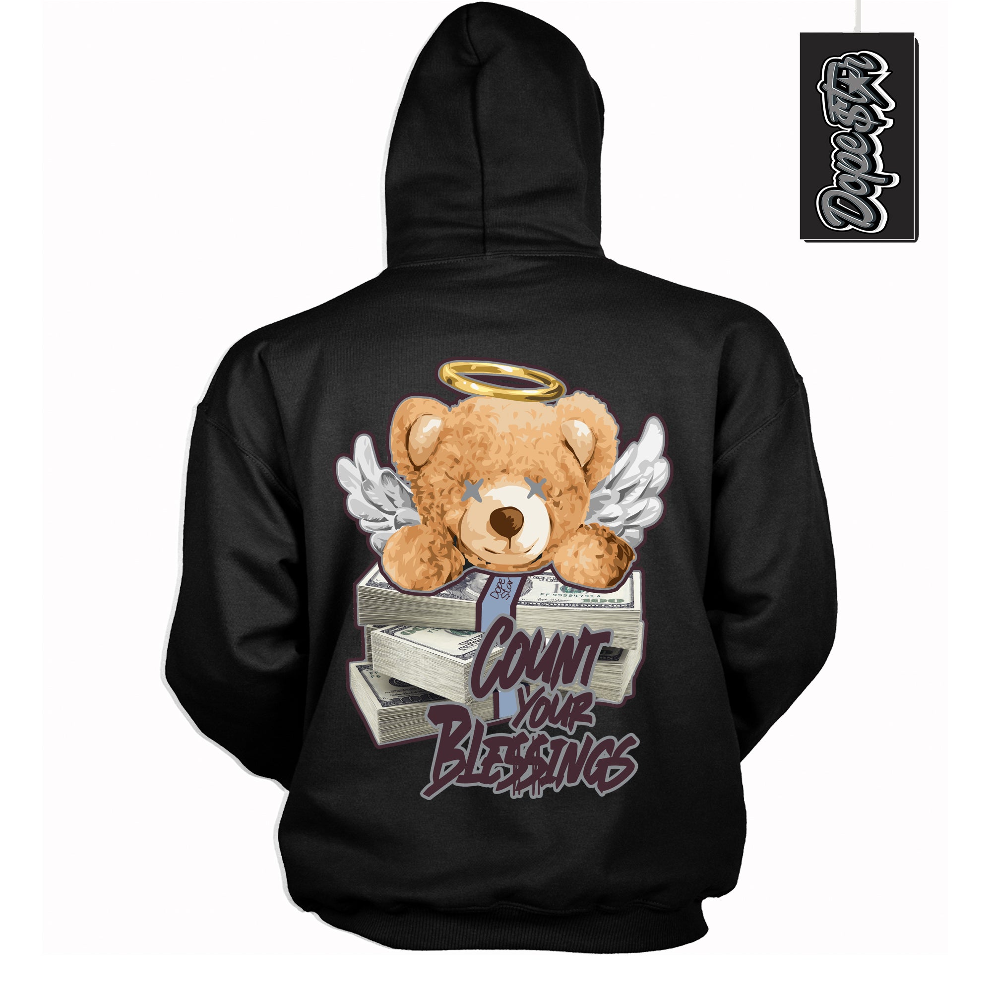 Cool Black Hoodie with “ Count Your Blessings ”  design that Perfectly Matches Burgundy 5s Sneakers.