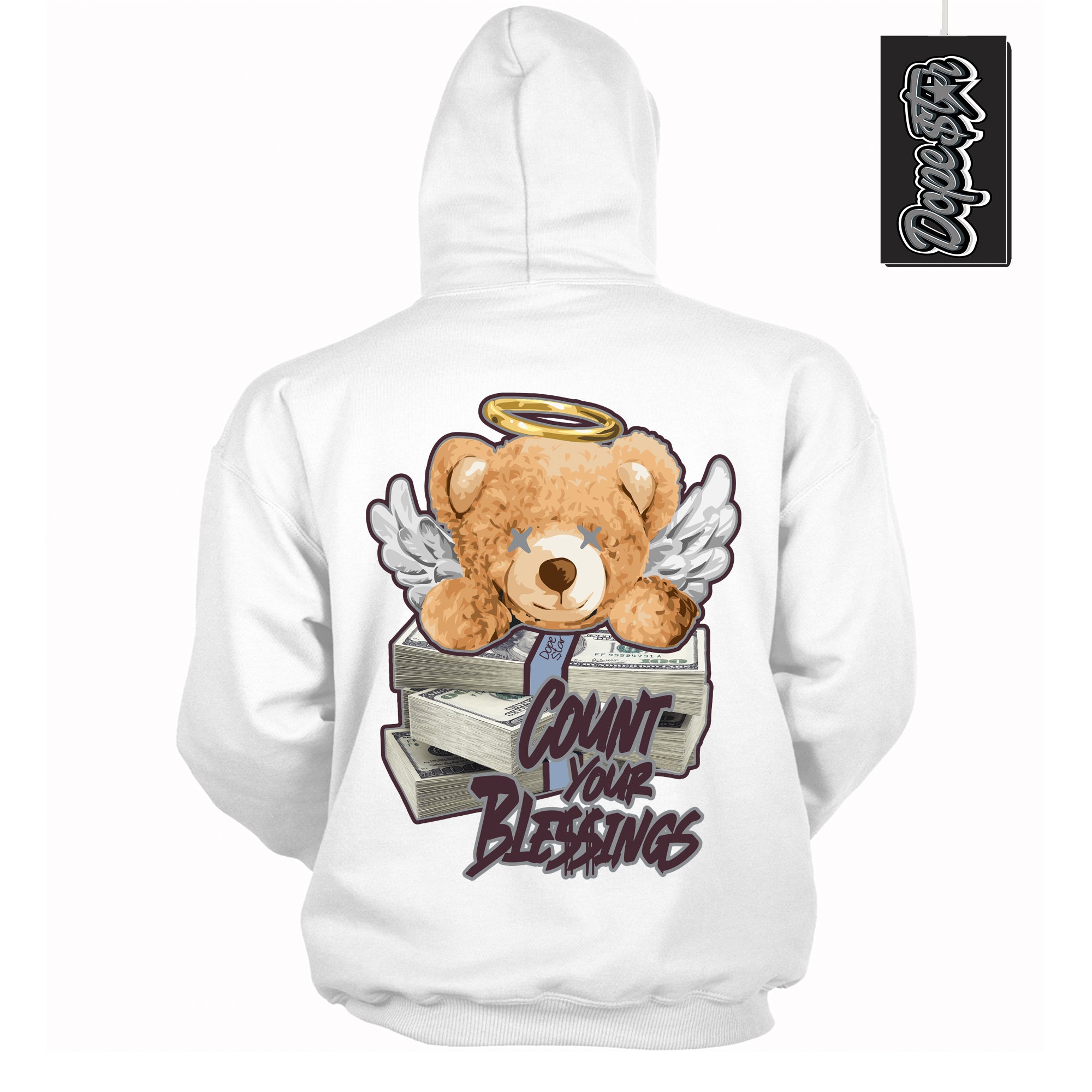 Cool White Hoodie with “ Count Your Blessings ”  design that Perfectly Matches Burgundy 5s Sneakers.