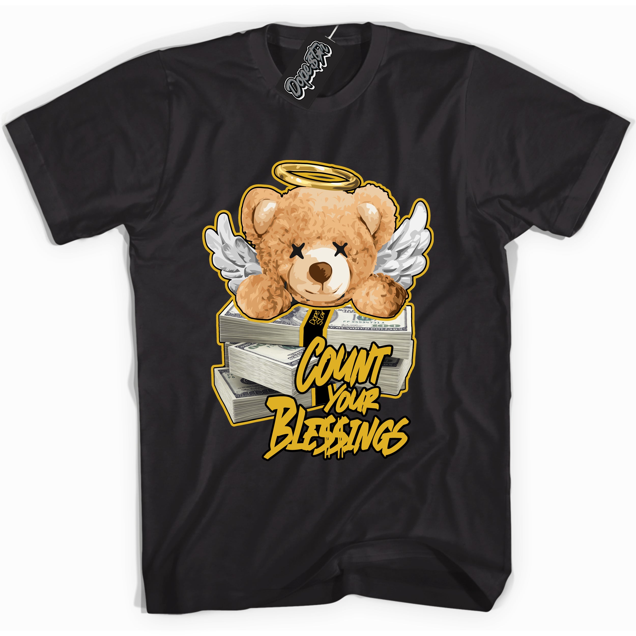 Cool Black Shirt with “ Count Your Blessings” design that perfectly matches Yellow Ochre 6s Sneakers.