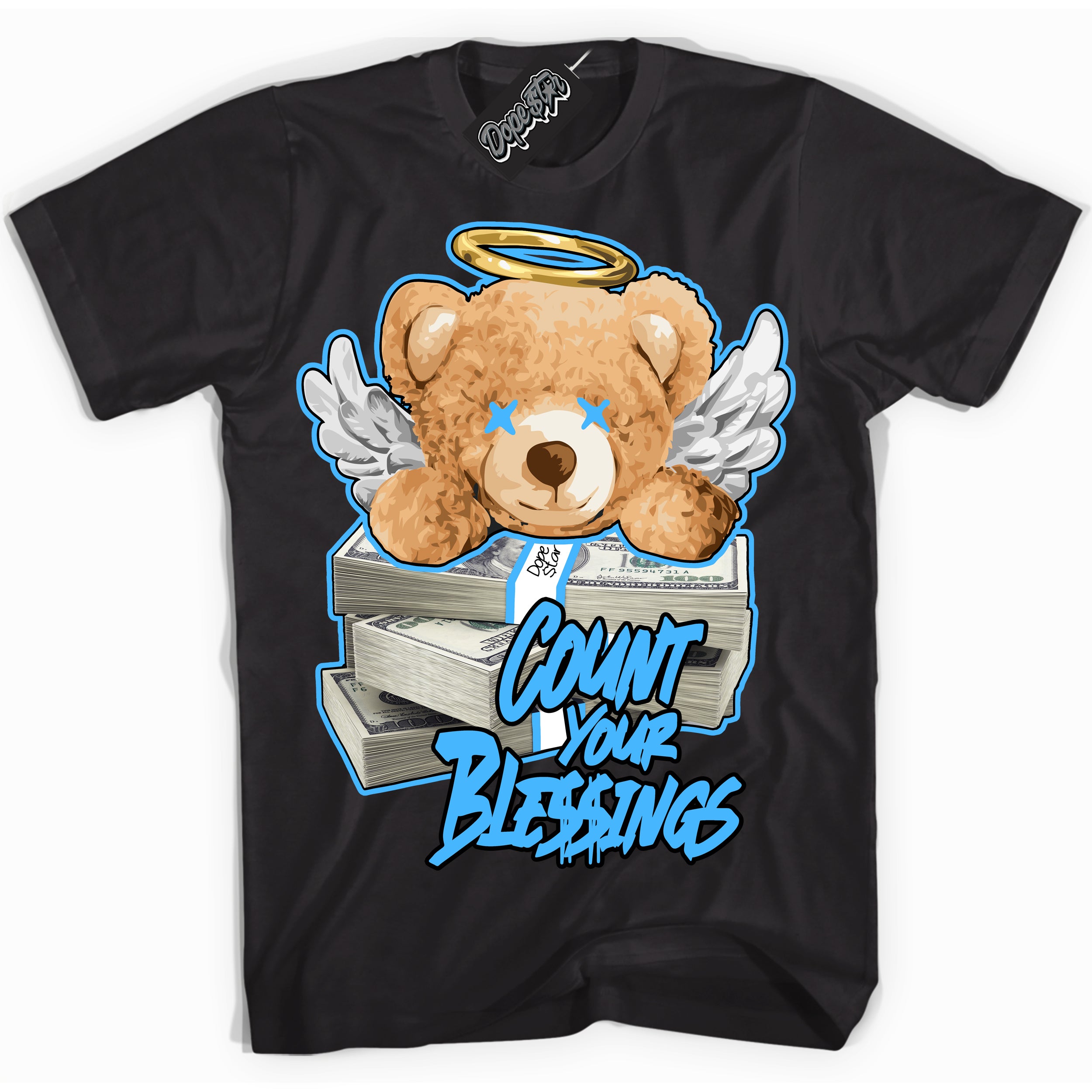Cool Black graphic tee with “ Count Your Blessings ” design, that perfectly matches Powder Blue 9s sneakers 