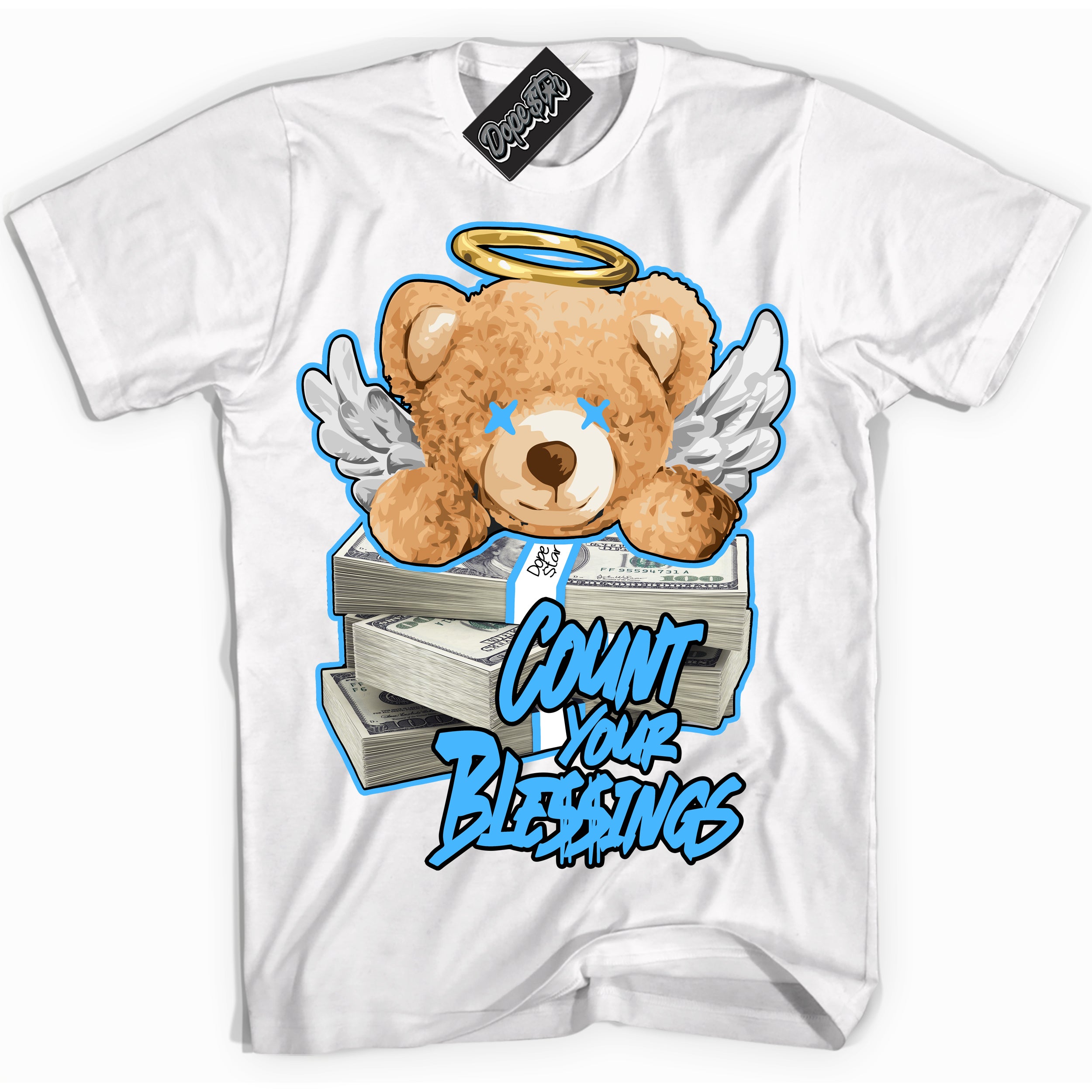 Cool White graphic tee with “ Count Your Blessings ” design, that perfectly matches Powder Blue 9s sneakers 