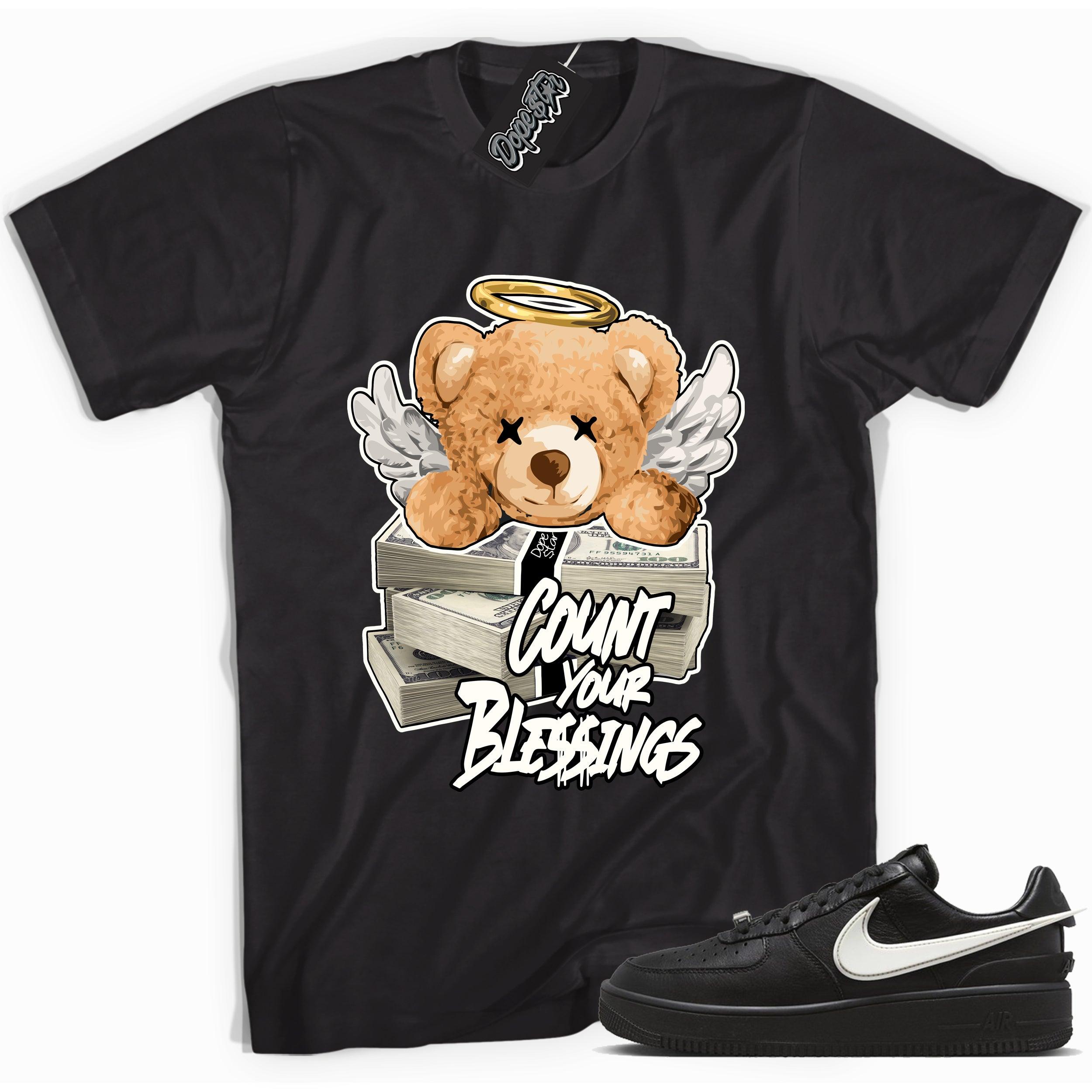 Cool black graphic tee with 'count your blessings' print, that perfectly matches Nike Air Force 1 Low SP Ambush Phantom sneakers.