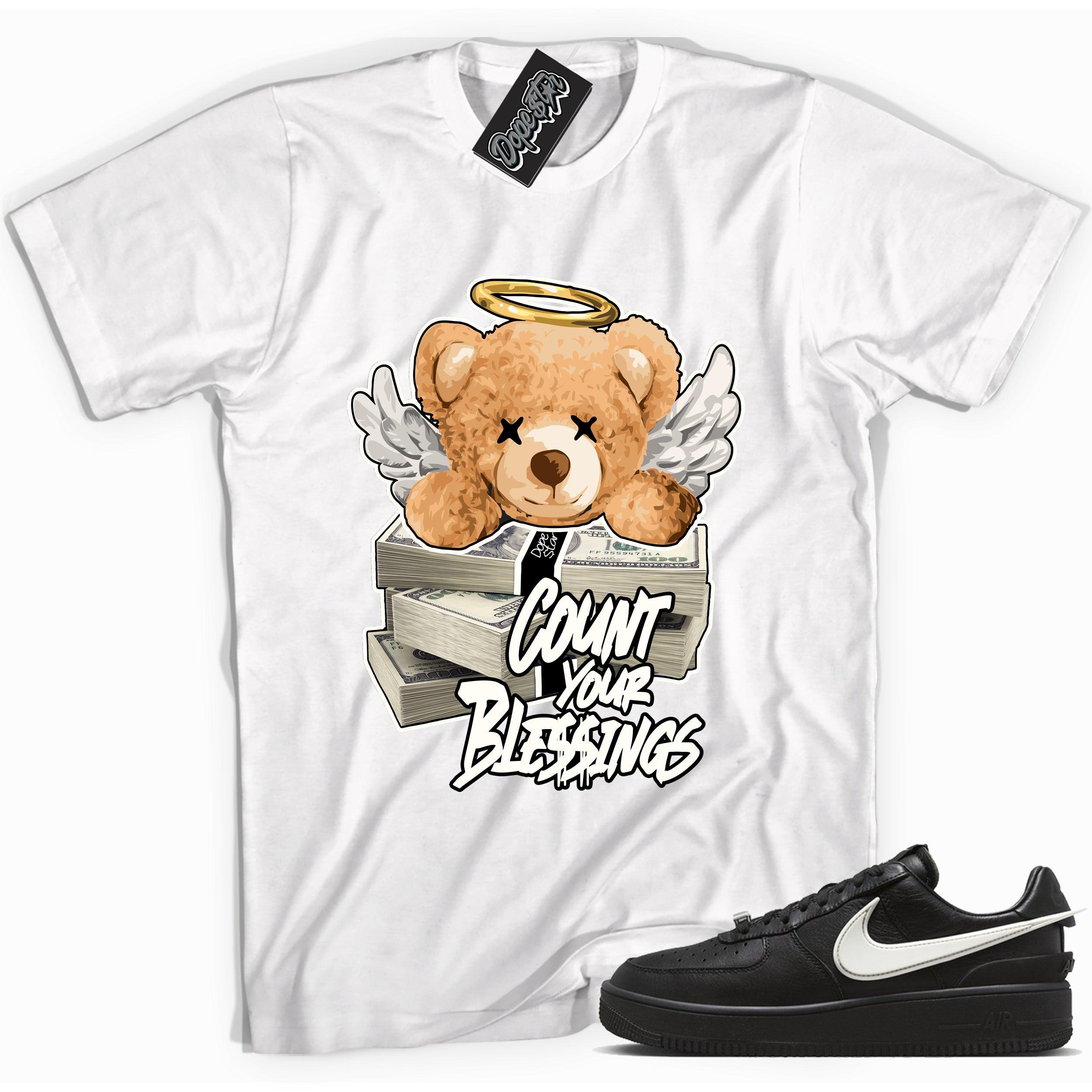Cool white graphic tee with 'count your blessings' print, that perfectly matches Nike Air Force 1 Low SP Ambush Phantom sneakers.