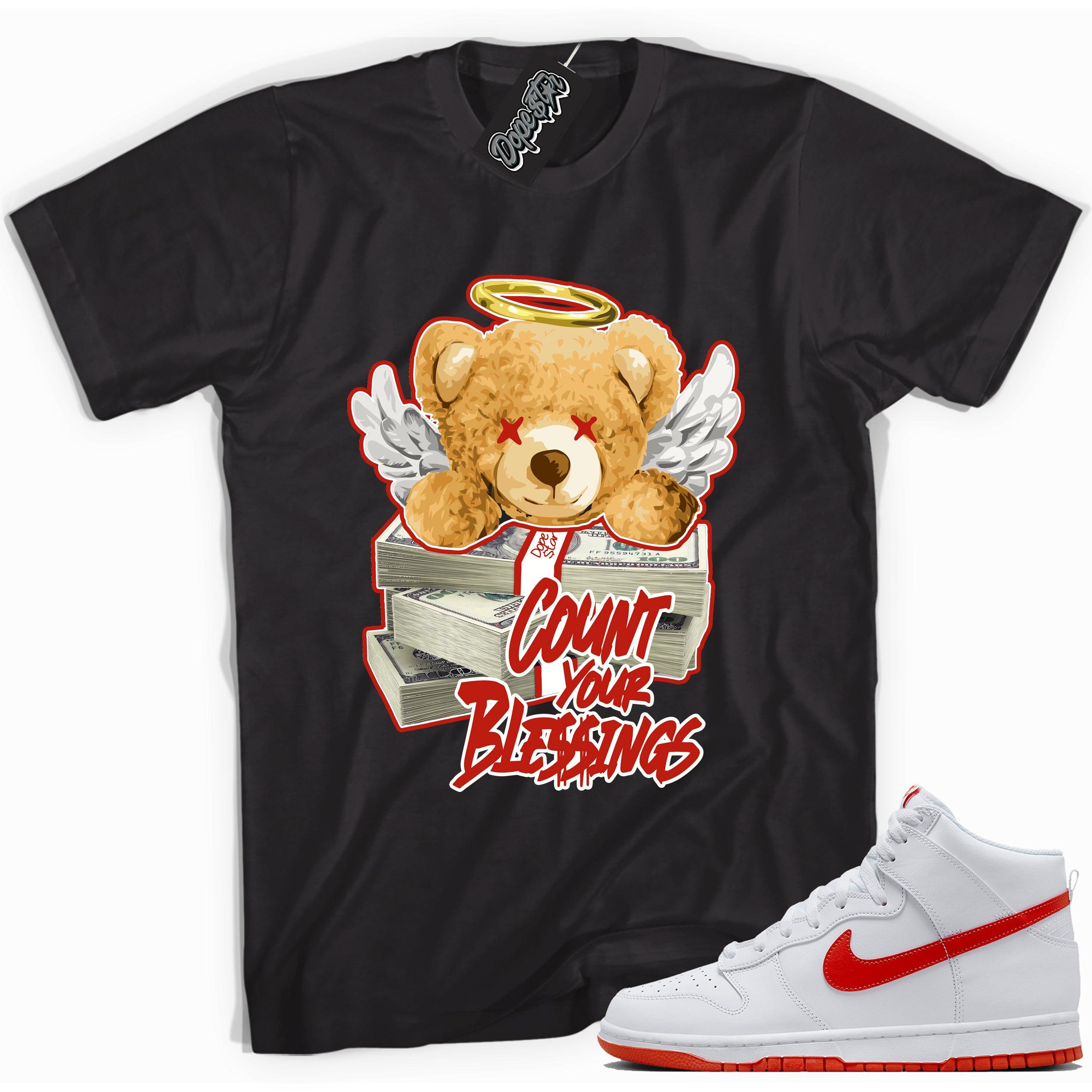 Cool black graphic tee with 'count your blessings' print, that perfectly matches Nike Dunk High White Picante Red sneakers.