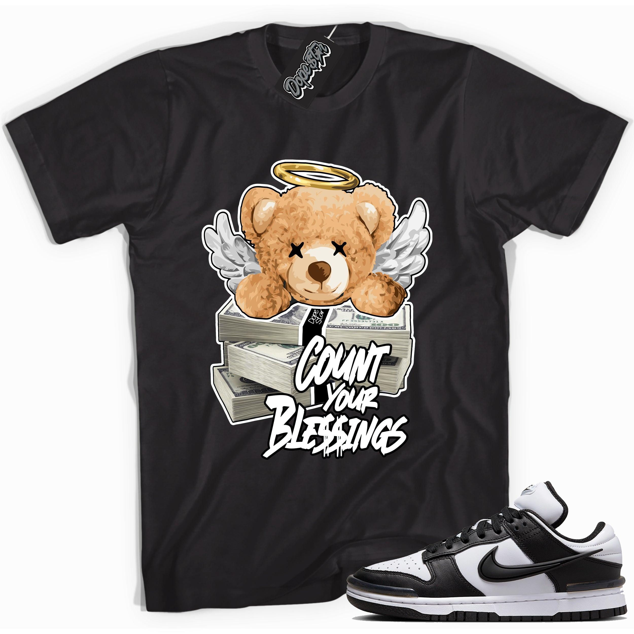 Cool black graphic tee with 'count your blessings' print, that perfectly matches Nike Dunk Low Twist Panda sneakers.