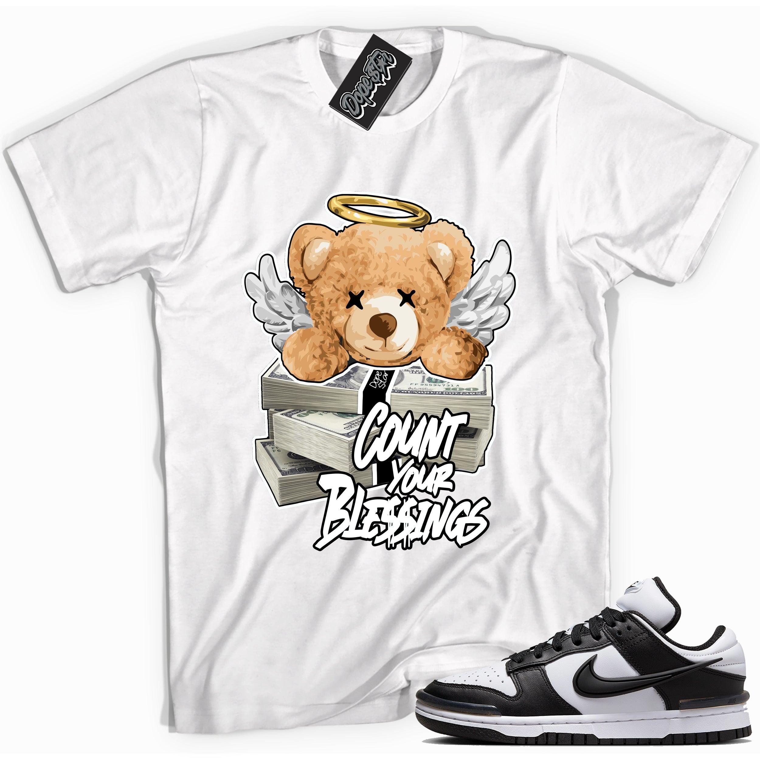 Cool white graphic tee with 'count your blessings' print, that perfectly matches Nike Dunk Low Twist Panda sneakers.