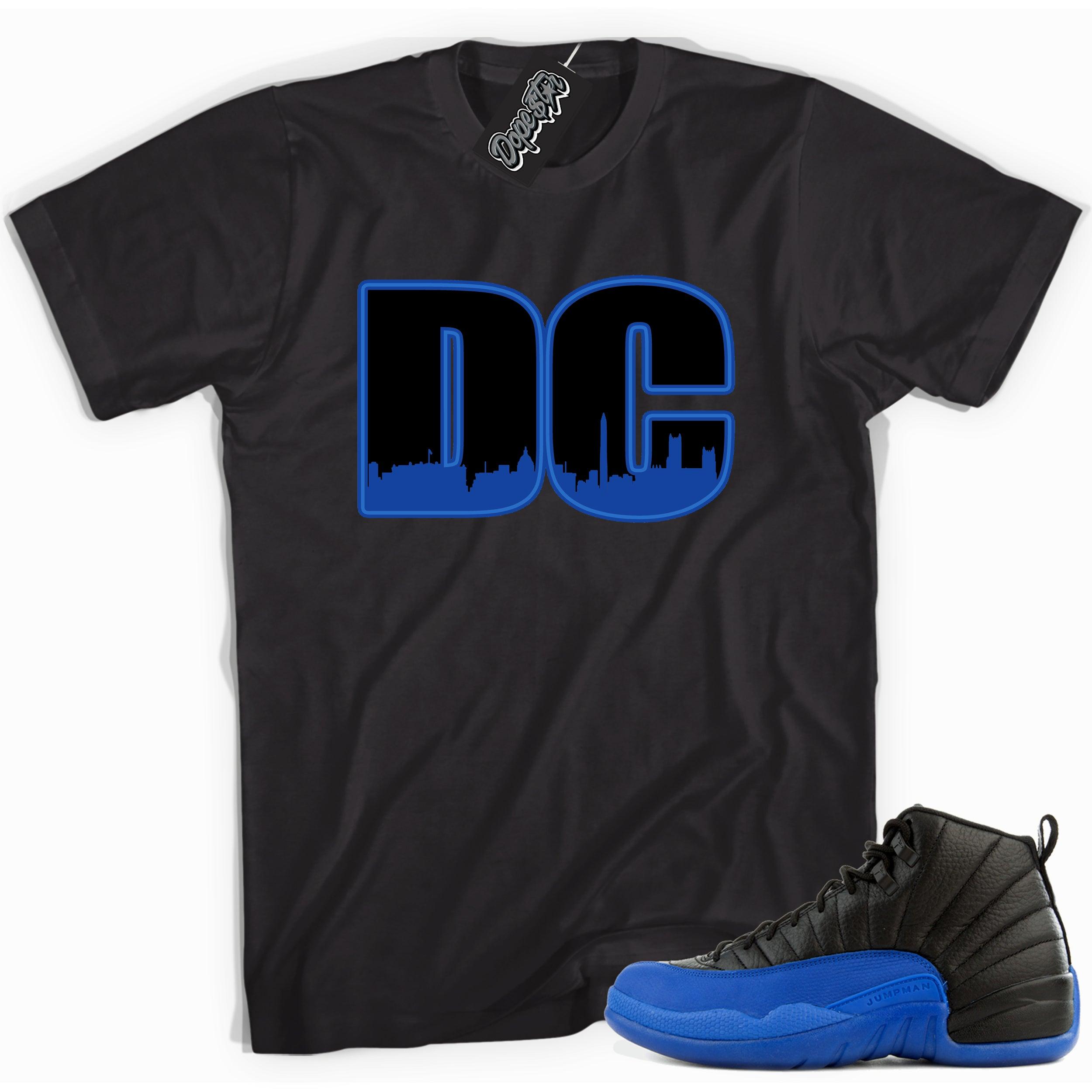 Cool black graphic tee with 'dc' print, that perfectly matches  Air Jordan 12 Retro Black Game Royal sneakers.