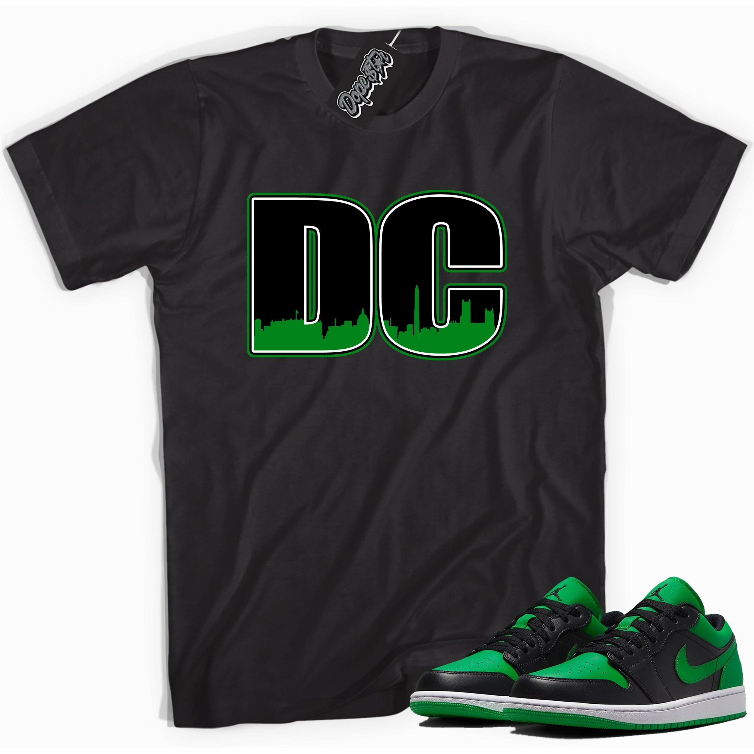 Cool black graphic tee with 'DC' print, that perfectly matches Air Jordan 1 Low Lucky Green sneakers