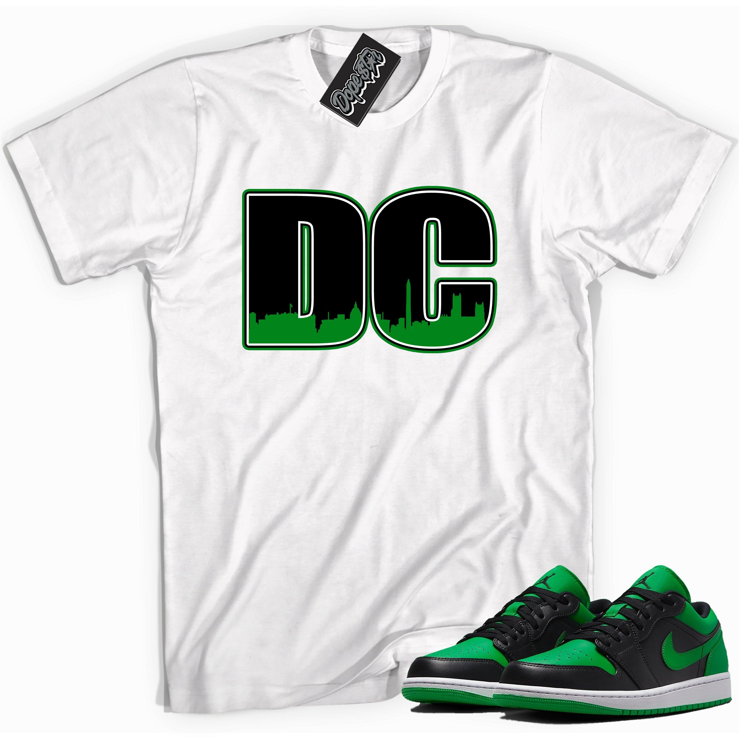 Cool white graphic tee with 'DC' print, that perfectly matches Air Jordan 1 Low Lucky Green sneakers