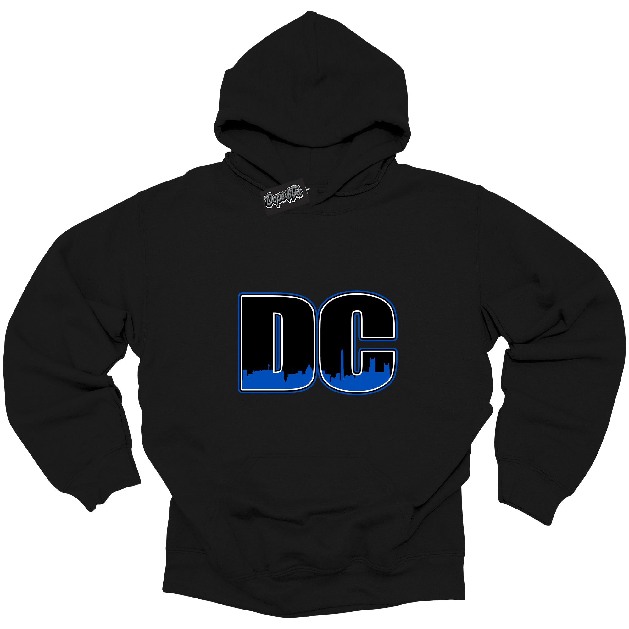 Cool Black Hoodie with “ DC ”  design that Perfectly Matches  Royal Reimagined 1s Sneakers.