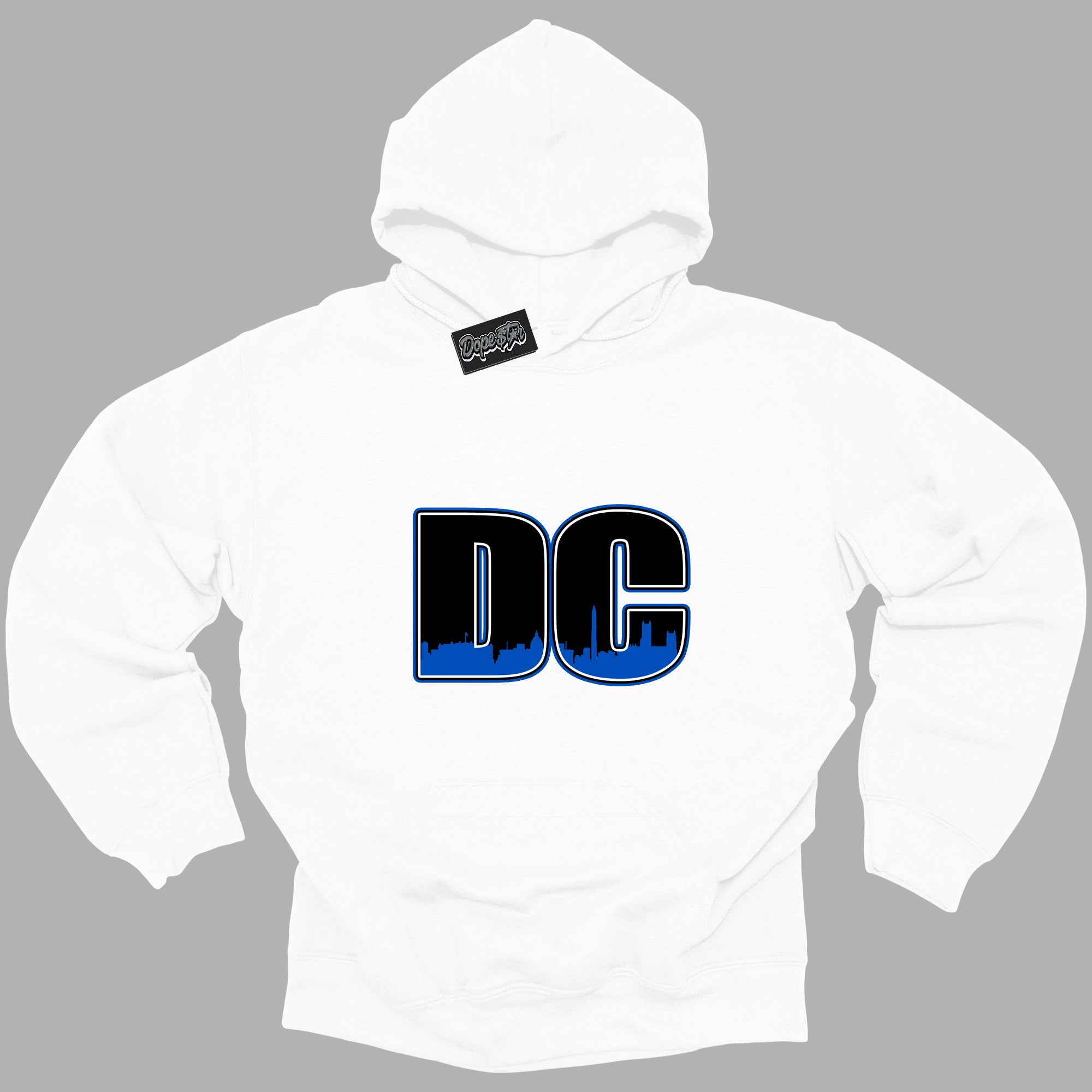 Cool White Hoodie with “ DC ”  design that Perfectly Matches Royal Reimagined 1s Sneakers.