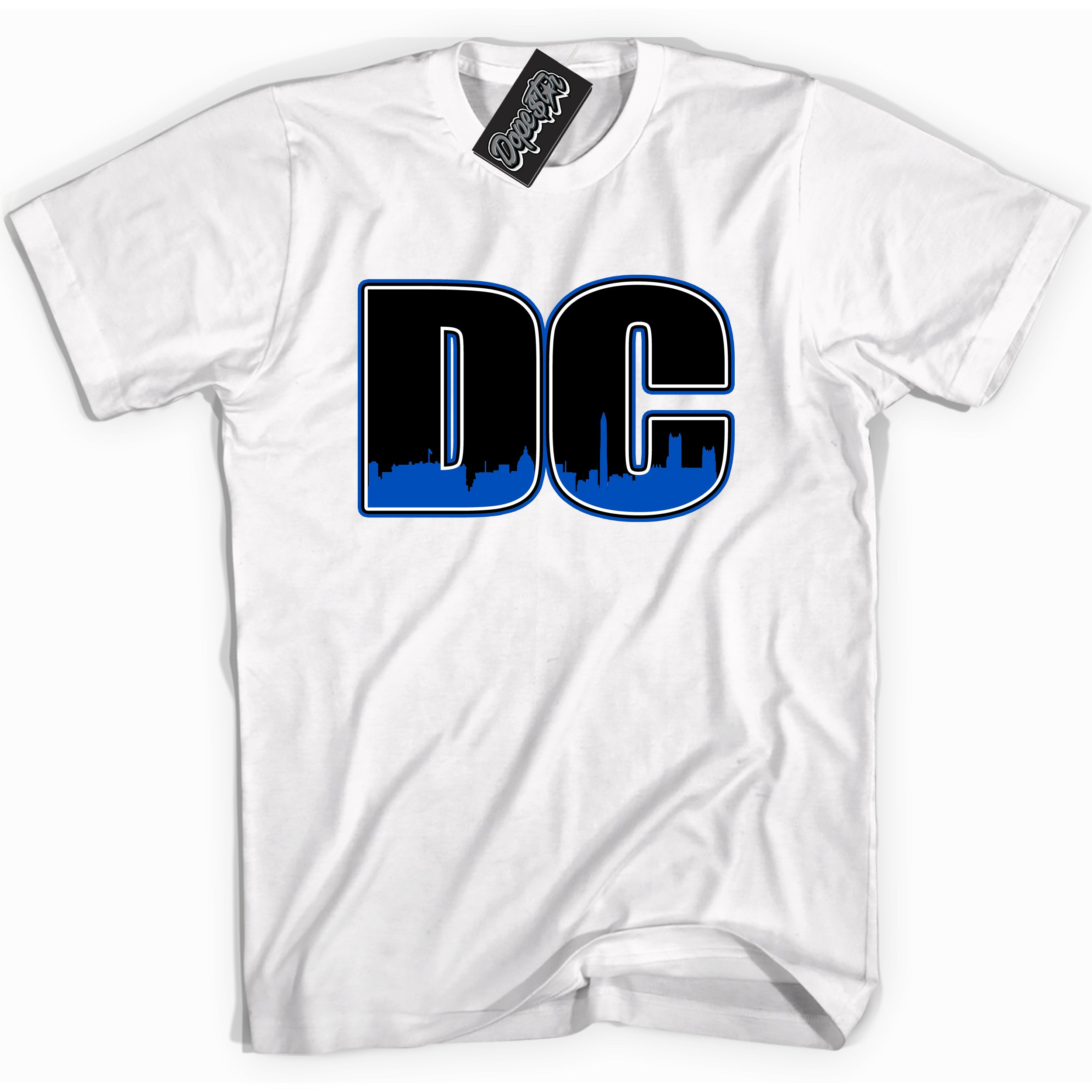 Cool White graphic tee with DC print, that perfectly matches OG Royal Reimagined 1s sneakers 