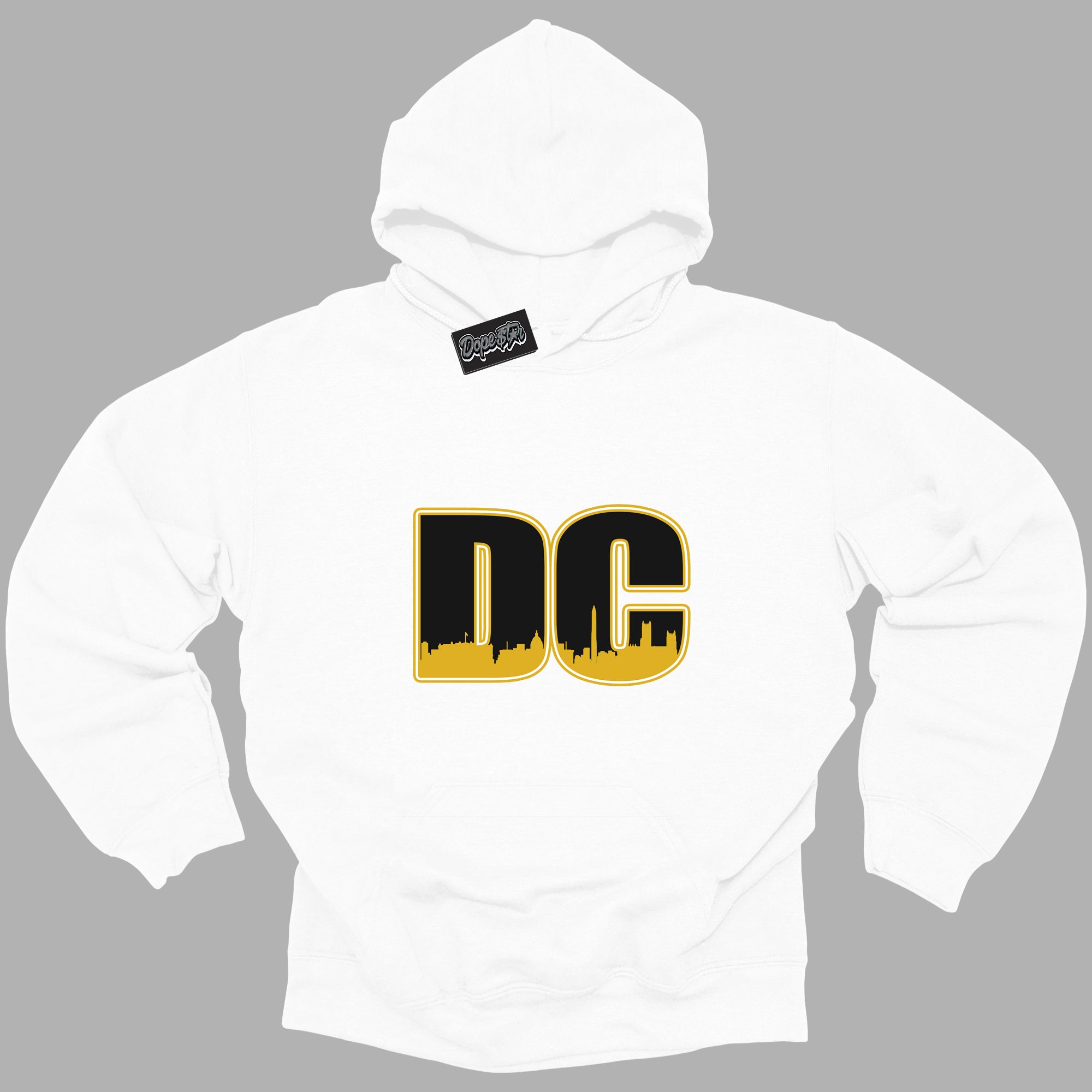 Cool White Hoodie with “ DC ”  design that Perfectly Matches Yellow Ochre 6s Sneakers.
