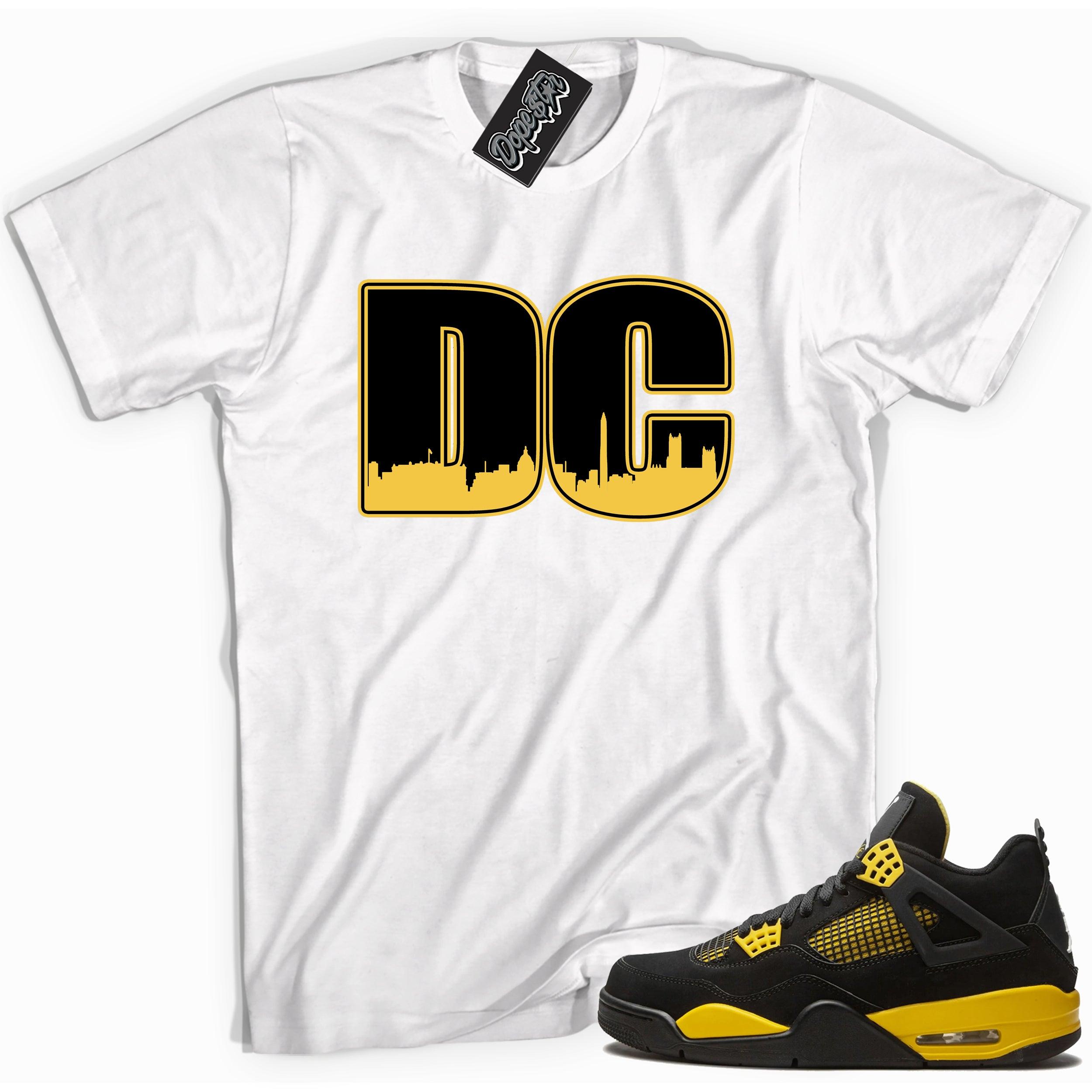 Cool white graphic tee with 'DC' print, that perfectly matches Air Jordan 4 Thunder sneakers