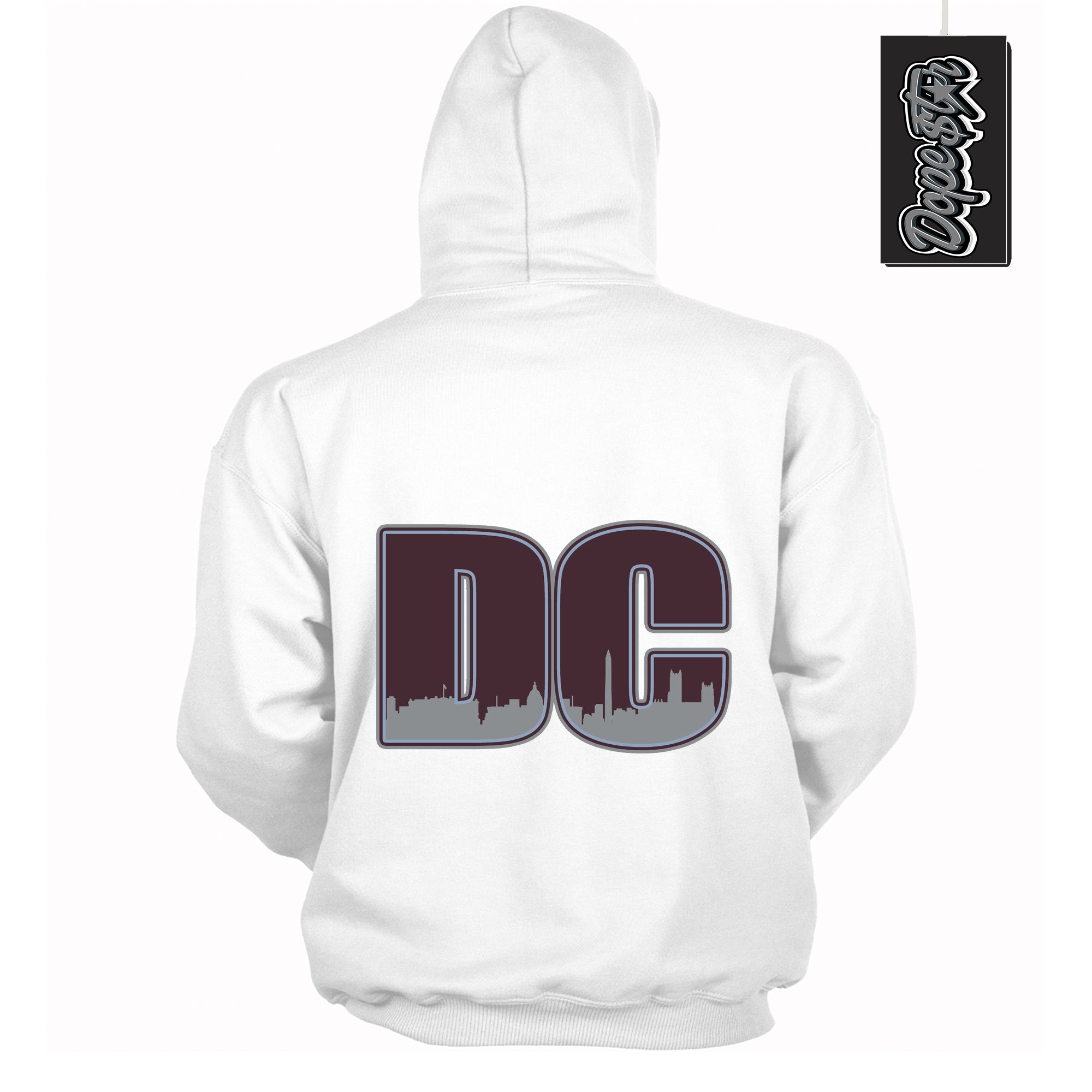 Cool White Hoodie with “ DC ”  design that Perfectly Matches Burgundy 5s Sneakers.