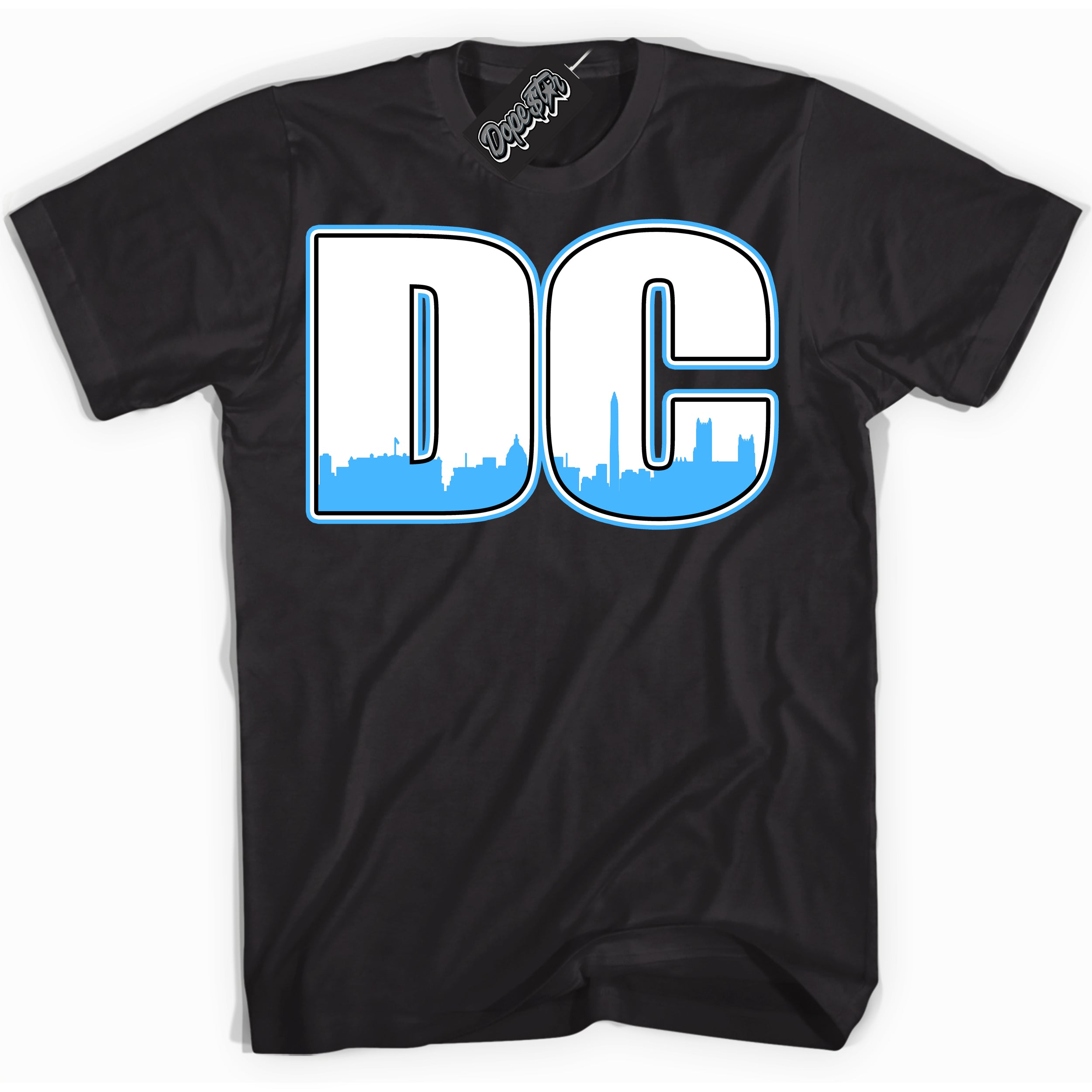 Cool Black graphic tee with “ DC ” design, that perfectly matches Powder Blue 9s sneakers 