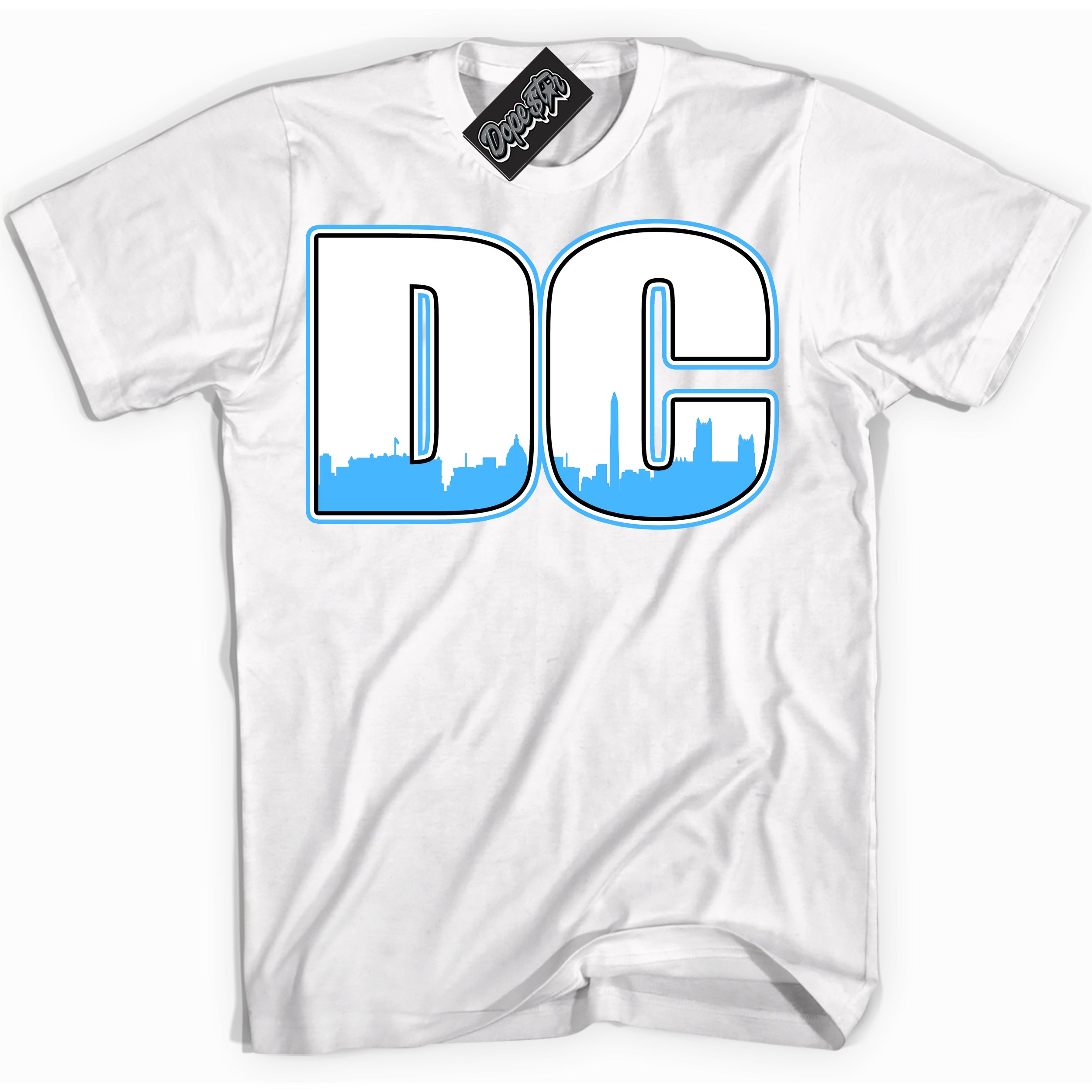 Cool White graphic tee with “ DC ” design, that perfectly matches Powder Blue 9s sneakers 
